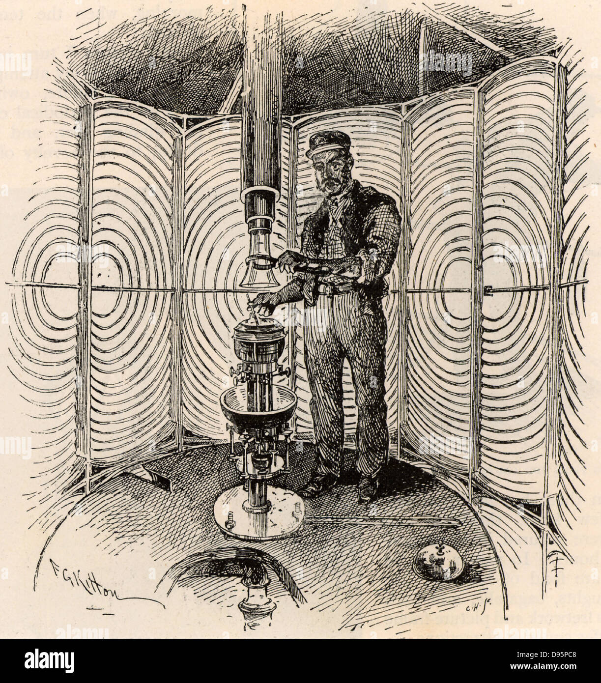 Die eddystone Leuchtturm gebaut auf dem Stein 13 km süd-östlich von Polperro, Cornwall, England. Dies ist die fünfte Eddystone Leuchtturm, entworfen von James Douglas, Ingenieur zu Trinity House, zwischen 1878 und 1892 gebaut. Beleuchtung Die öl Lampe im Inneren der Felge der Augenlinse, der Stier. Gravur von 'The Strand Magazine" (London, 1892). Stockfoto
