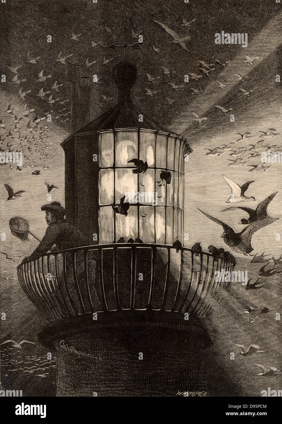 Die Laterne der Eddystone Leuchtturm gebaut auf dem Stein 13 km süd-östlich von Polperro, Cornwall, England, zu beobachten Zugvögel. Diese Praxis begann im Herbst 1878. Abbildung von Charles Whymper (1853-1941) aus 'Köcher" (London, 1882). Stockfoto