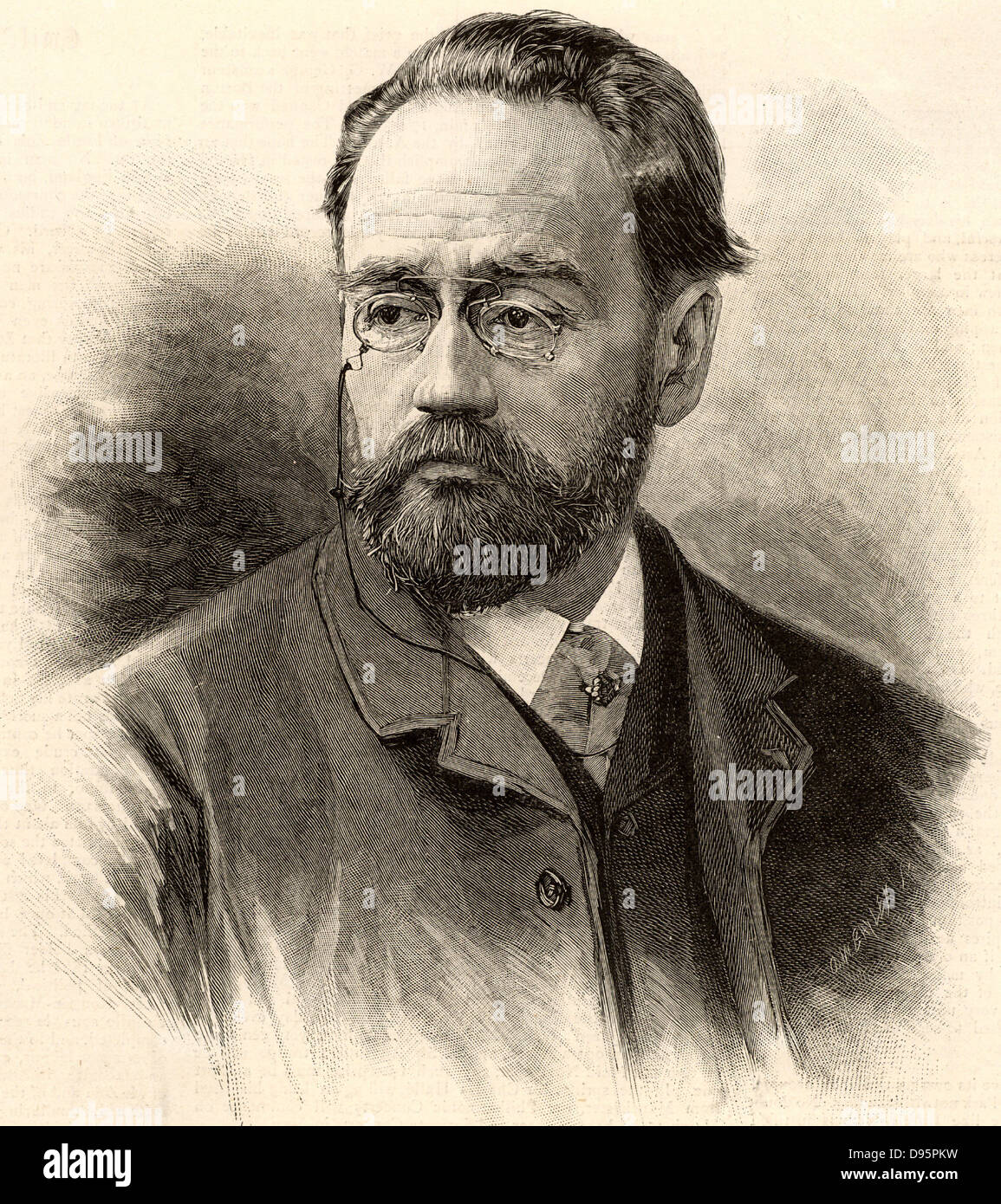 Emile Zola (1840-1902), französischer Journalist und Schriftsteller der naturalistischen Schule. Gravur im Jahre 1893, wenn Er wurde eingeladen, einen Vortrag auf der Konferenz des Instituts für Journalisten in London zu geben, veröffentlicht. Der Titel des Papiers er gab, war "L'Anonymat dans la Presse" (Anonymität im Journalismus). Gravur. Stockfoto