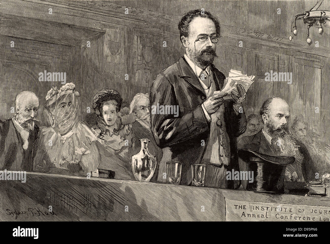 Emile Zola (1840-1902), französischer Journalist und Schriftsteller der naturalistischen Schule, die sich auf die Konferenz des Instituts für Journalisten in London, 1893. Der Titel des Papiers er gab, war "L'Anonymat dans la Presse" (Anonymität im Journalismus). Gravur. Stockfoto
