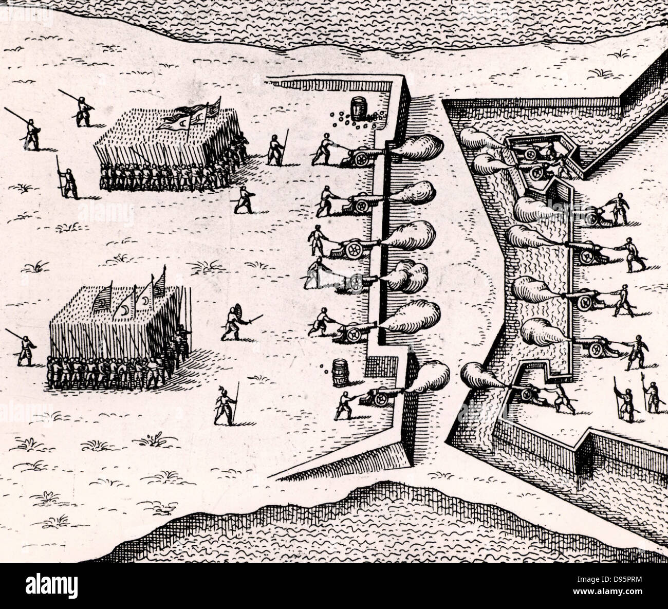 Die türkischen Streitkräfte, Links, Angriff auf eine Festung. Gruppen von pikenieren stehen in Bereitschaft warten auf die Artillerie, die Befestigungen zu beschädigen. Gravur von "Utriusque cosmi? Historia" von Robert Fludd (Oppenheim, 1617-1619). Stockfoto