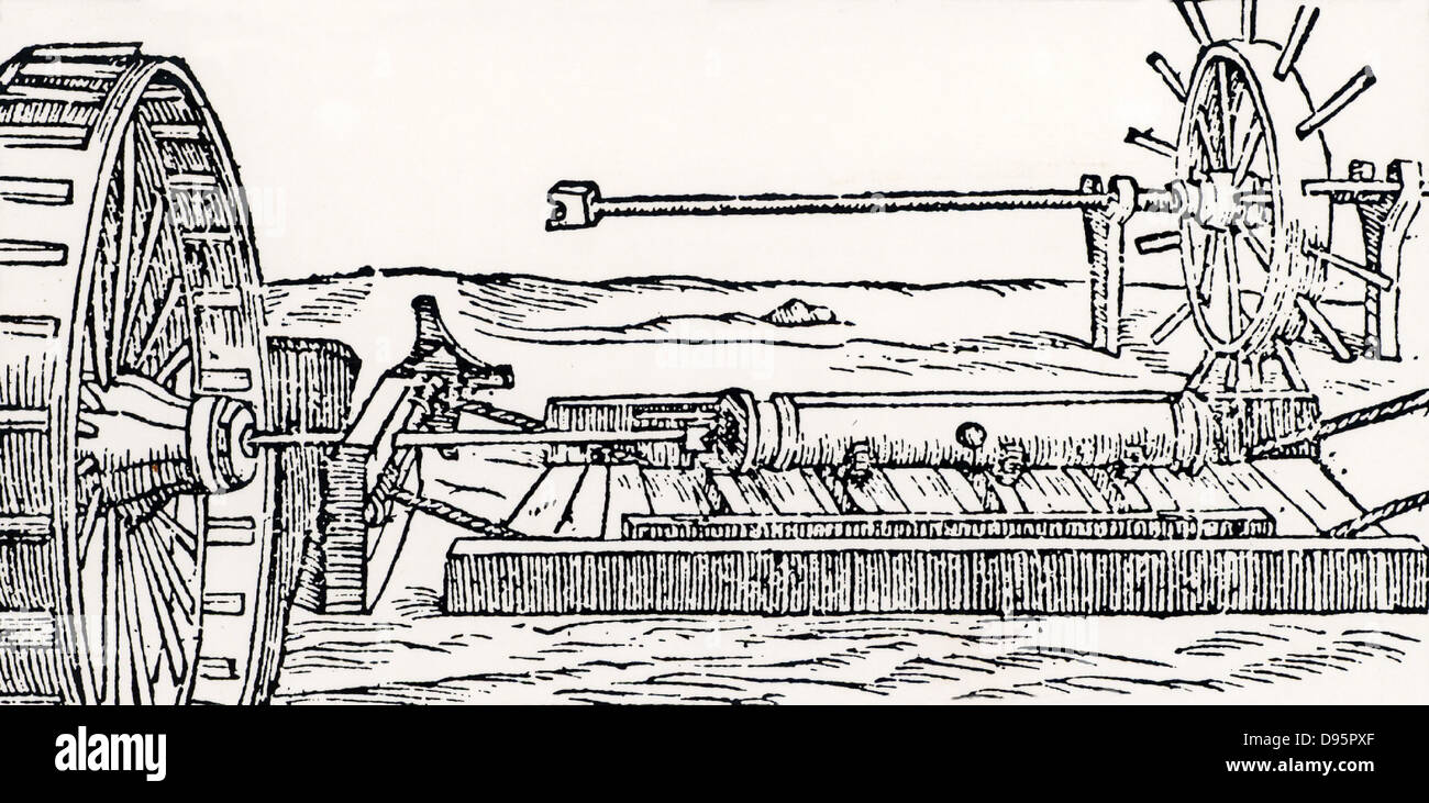 Langweilig Kanone. Links im Vordergrund ist eine Zwei-Laufband und im rechten Hintergrund ist eine handmill. Von 'De la pirotechnia' von vannoccio Biringuccio (Venedig, 1540). Holzschnitt. Stockfoto