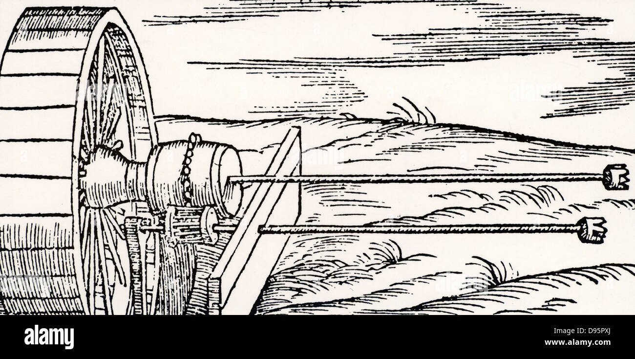 Wellen von einer Kanone langweilig Maschine mit Bohrung Bits am Ende. Die Maschine wurde von einem Laufband angetrieben, nach links. Von 'De la pirotechnia' von vannoccio Biringuccio (Venedig, 1540). Holzschnitt. Stockfoto
