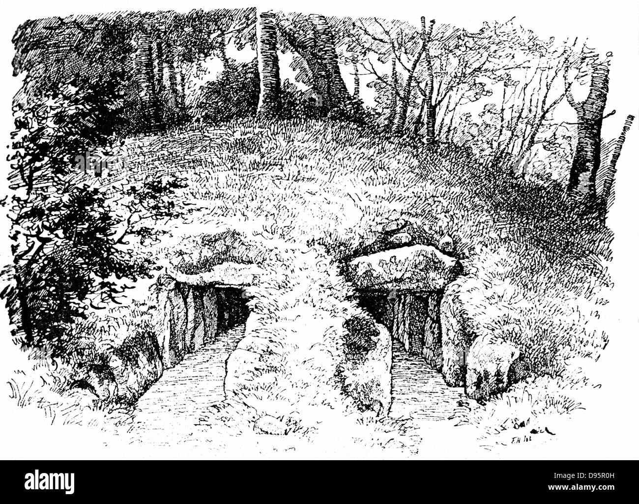 Steinzeit Hügelgrab bei Roddinge, Dänemark mit zwei Kammern. Von John lubbock lst Baron Avebury "Urzeit", London 1913. Gravur Stockfoto