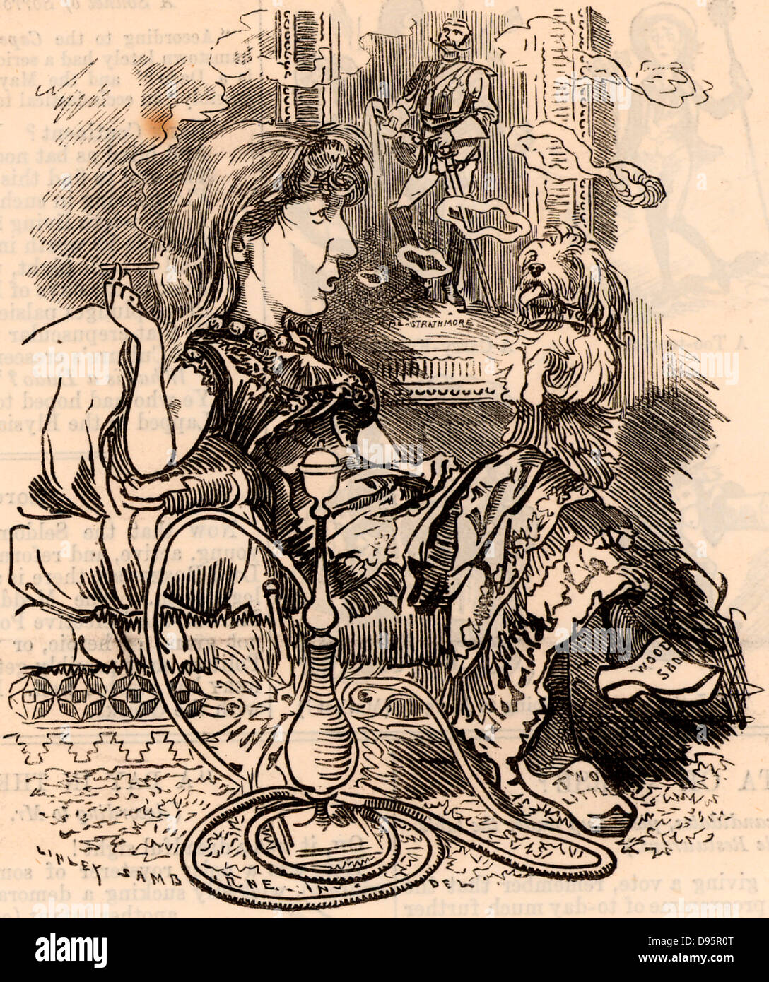 Ouida (1839-1908), Pseudonym von Maria Louise Rame, englische Schriftsteller in Bury St. Edmunds, Suffolk geboren. Prolific romantische Schriftsteller und Verfechter der Rechte der Tiere. Unter ihren Titel wurden "Zwei kleine hölzerne Schuhe' (1874) und "Der Hund von Flandern" (1872). Cartoon von Edward Linley Sambourne in der Punch Fancy Porträts aus der Serie 'Lochen' (London, 20. August 1881). Stockfoto