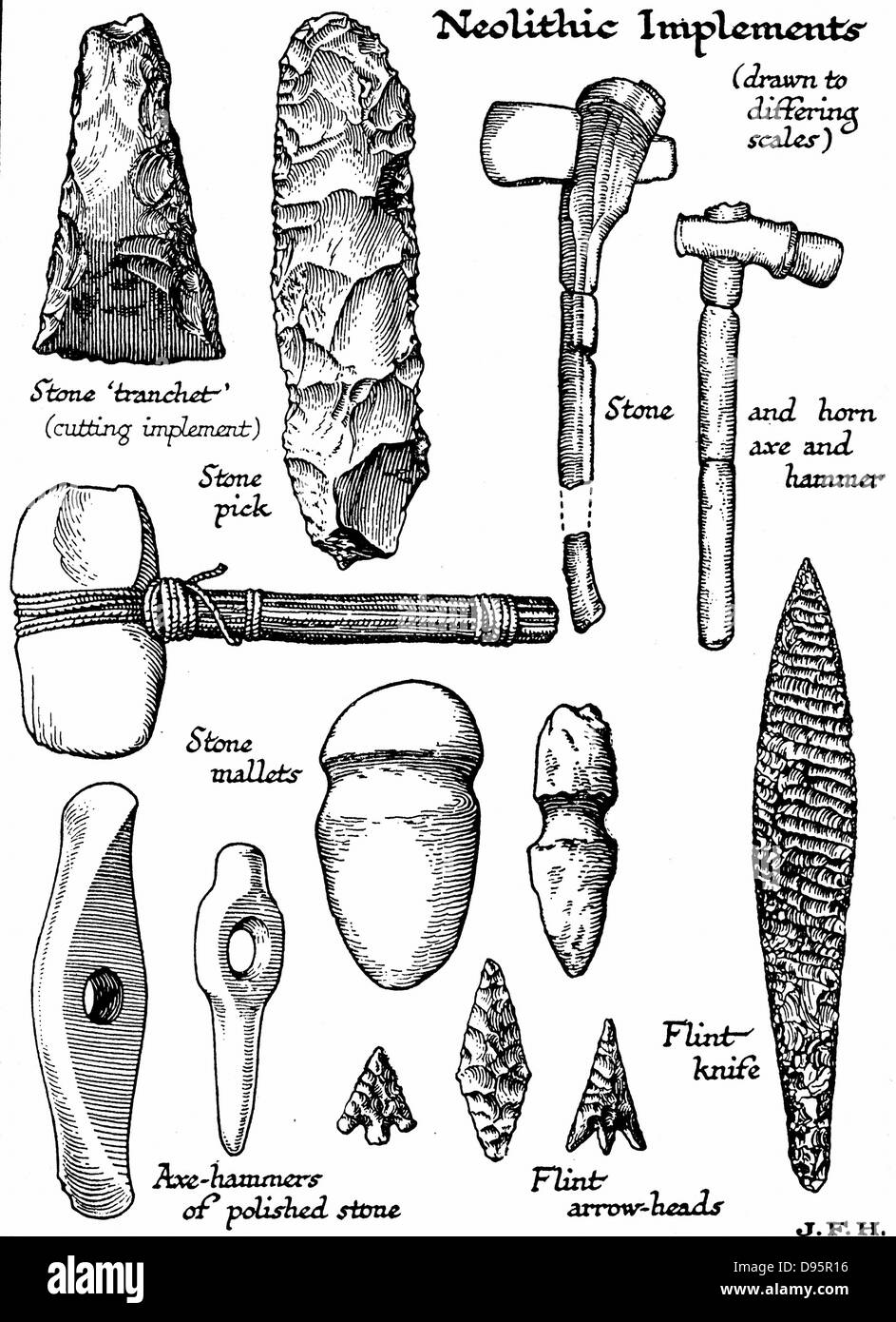 Neolithische Werkzeuge aus Stein, Feuerstein und Horn. Holzschnitt c1890 Stockfoto