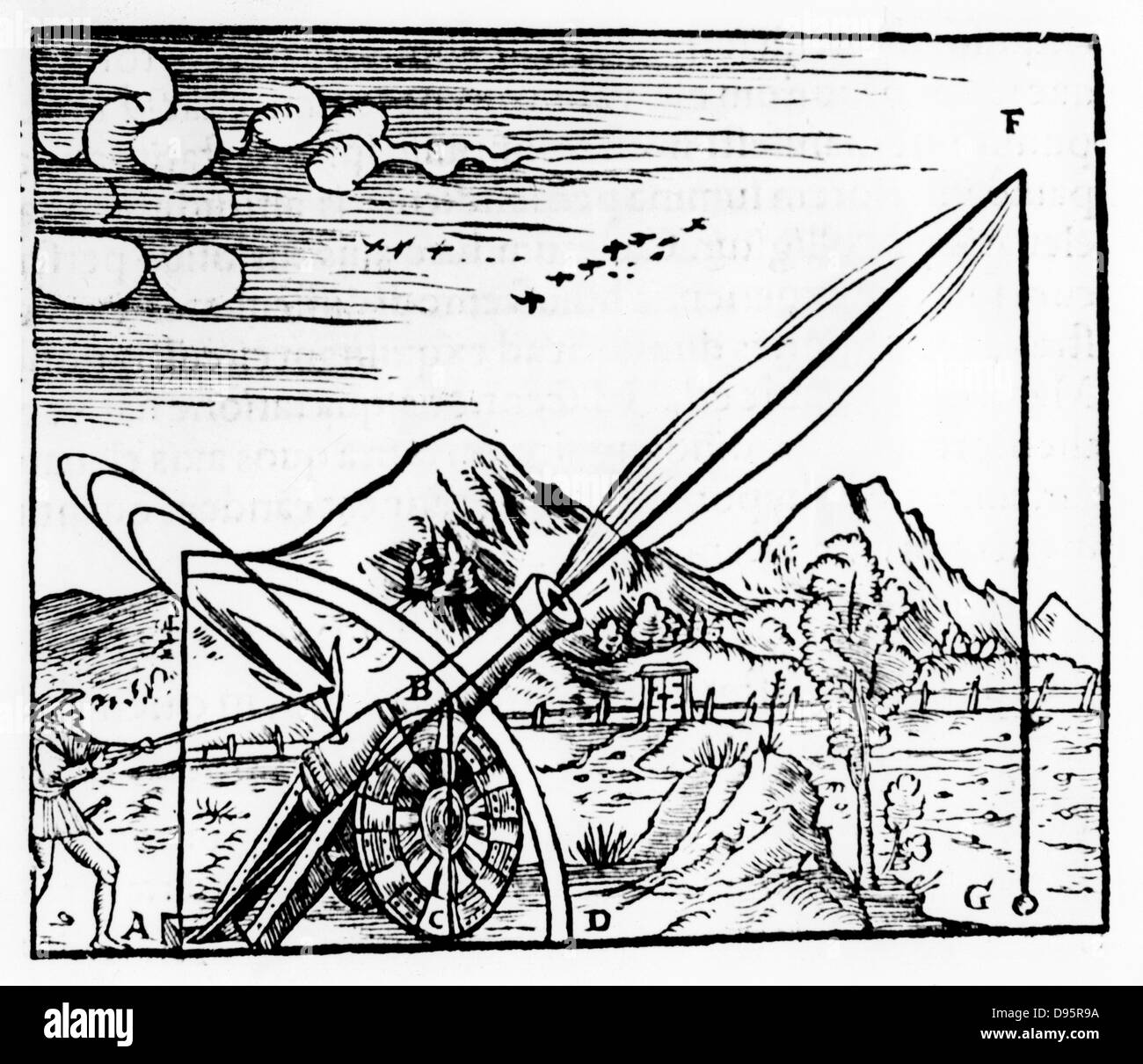 Gunner Feuern einer Kanone. Der Pfad, in der das Projektil eingeschlagen ist nach der Aristotelischen Physik dargestellt. Da er glaubte, dass kein Körper mehr als eine Bewegung in einer Zeit verpflichten konnten, der Weg hatte von zwei getrennte Bewegungen in einer geraden Linie zu bestehen. Von Daniele Problematum Astronomicorum Santbech'' Basel 1561. Holzschnitt Stockfoto