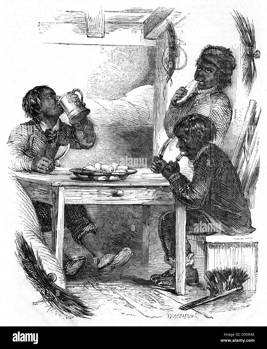 Junge Schornstein fegt Essen ihre Abendmahlzeit. Von Henry Mayhew "London Arbeit und die London Armen" London 1861. Holzstich Stockfoto