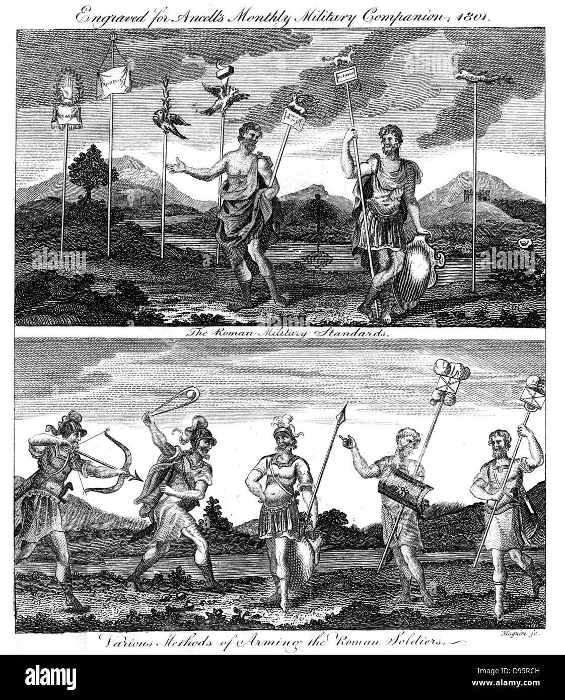 Standards der römischen Legionen (oben) und Waffen und Rüstungen von römischen Soldaten verwendet. Von "Monatliche Ancell zur militärischen Begleiter", 1801. Kupferstich Stockfoto