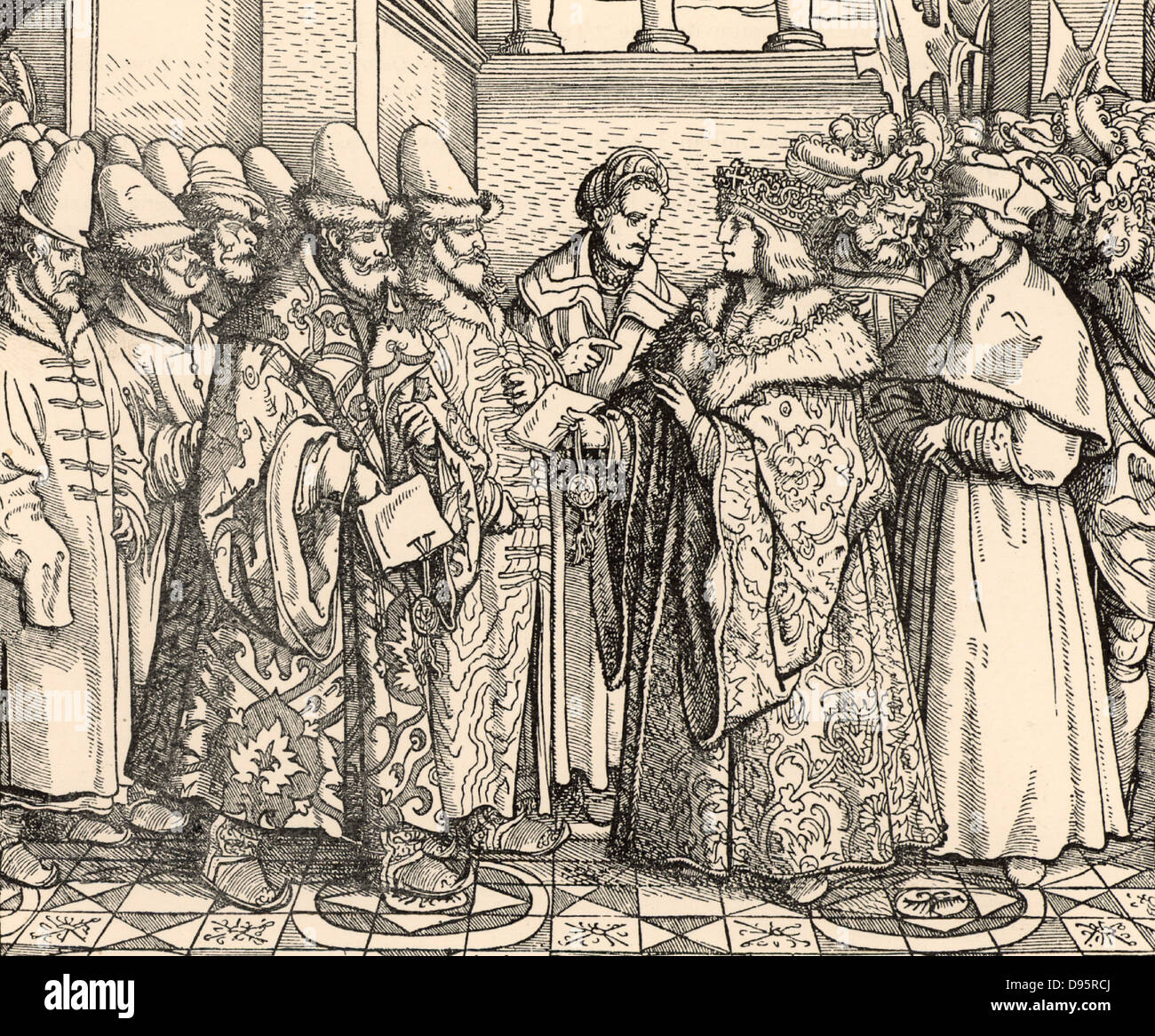 Maximilian I. (1459-1519), Kaiser des Heiligen Römischen Reiches von 1493. Maximilian treffen die Botschaft von Vasili (Basilikum) IV (1479-1533) Sohn von Iwan III., Grand Prince Russlands von 1505. Stockfoto
