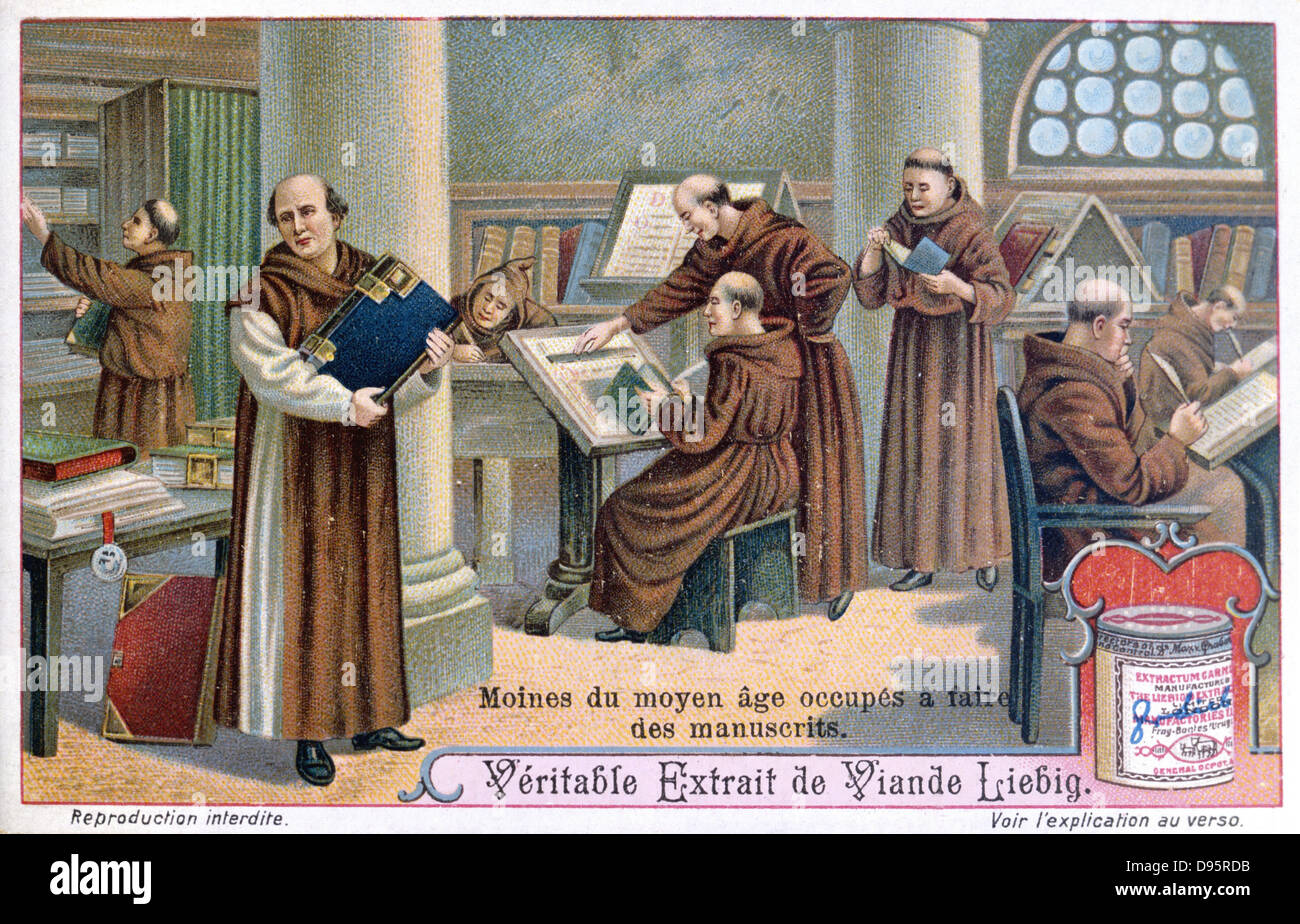 Mönche bei der Arbeit auf Manuskripte in einem Scriptorium.  Liebig Handel Karte 1900. Farblitho Stockfoto