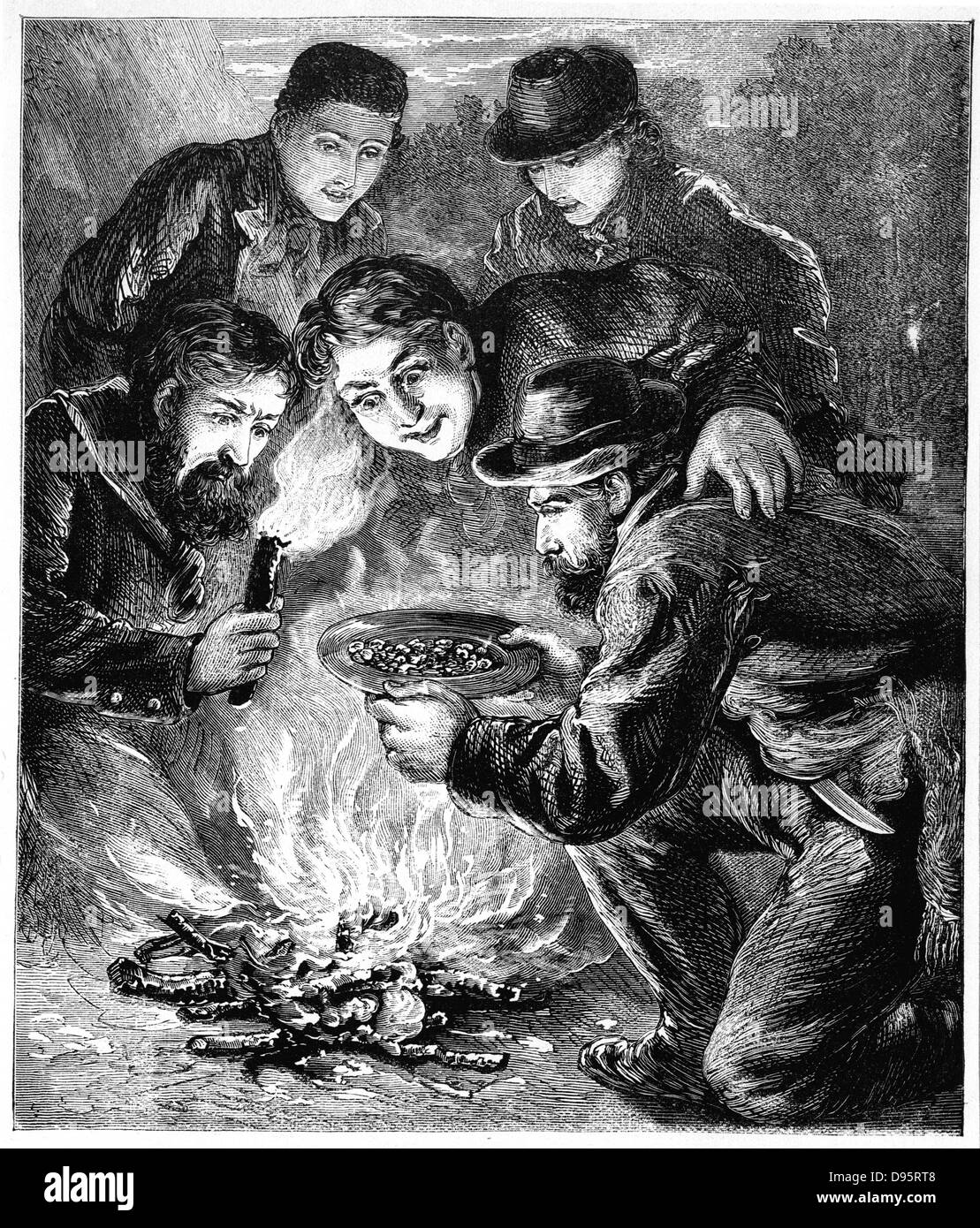 Bergleute in der kalifornischen Gold Fields überprüfen das Ergebnis ihrer Graben durch das Licht der Lagerfeuer. Holzstich London c 1880. Stockfoto