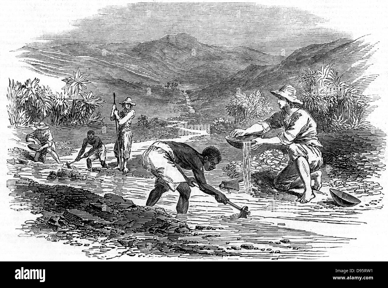 Während des kalifornischen Goldrausches 1849 Goldwaschen. Aus "Der illustrierte London News" 6. Januar 1849. Holzstich Stockfoto