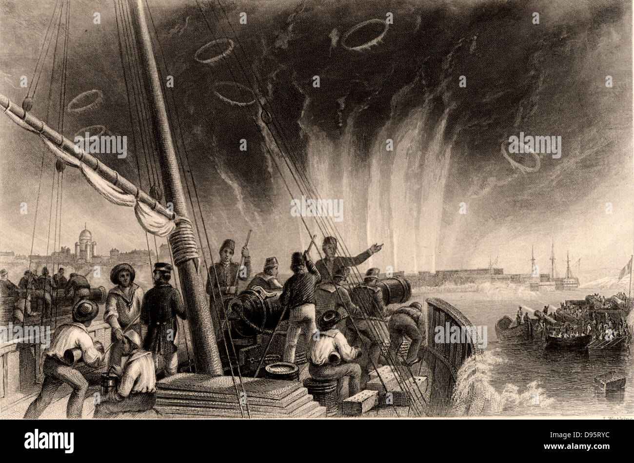 Krim (Russisch-türkischen Krieg 1853-1856). Die britische Royal Navy bombardiert Sweaborg am Golf von Finnland aus offshore für 3 1/2 Tage, die Zerstörung der Russischen Werften. Gravur c 1860. Stockfoto
