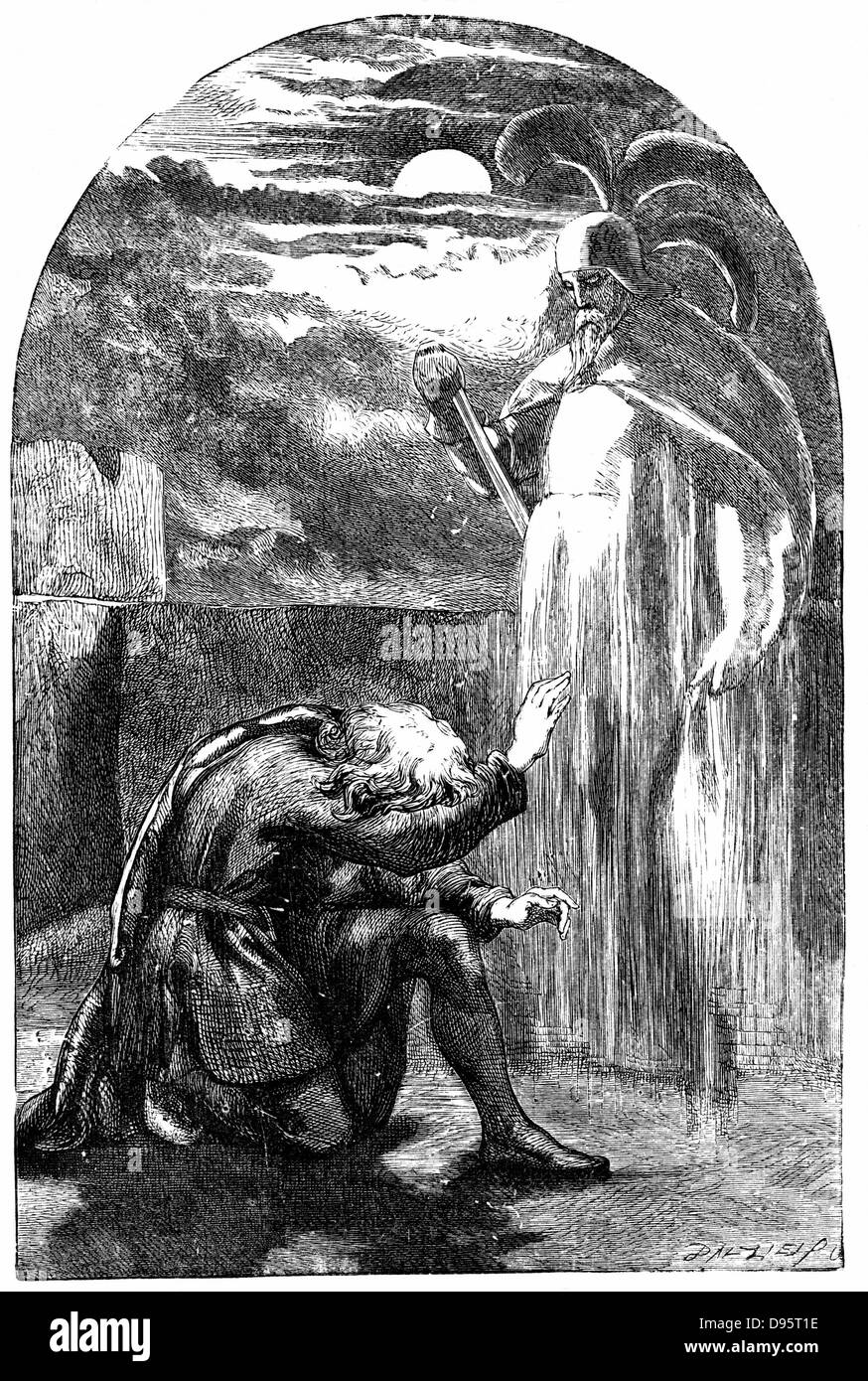Shakespeares "Hamlet" Act l Sc 5. Weiler auf den Zinnen des Schlosses Elsinore seines Vaters Gespenst zu sehen. 19. Jahrhundert-Gravur. Stockfoto