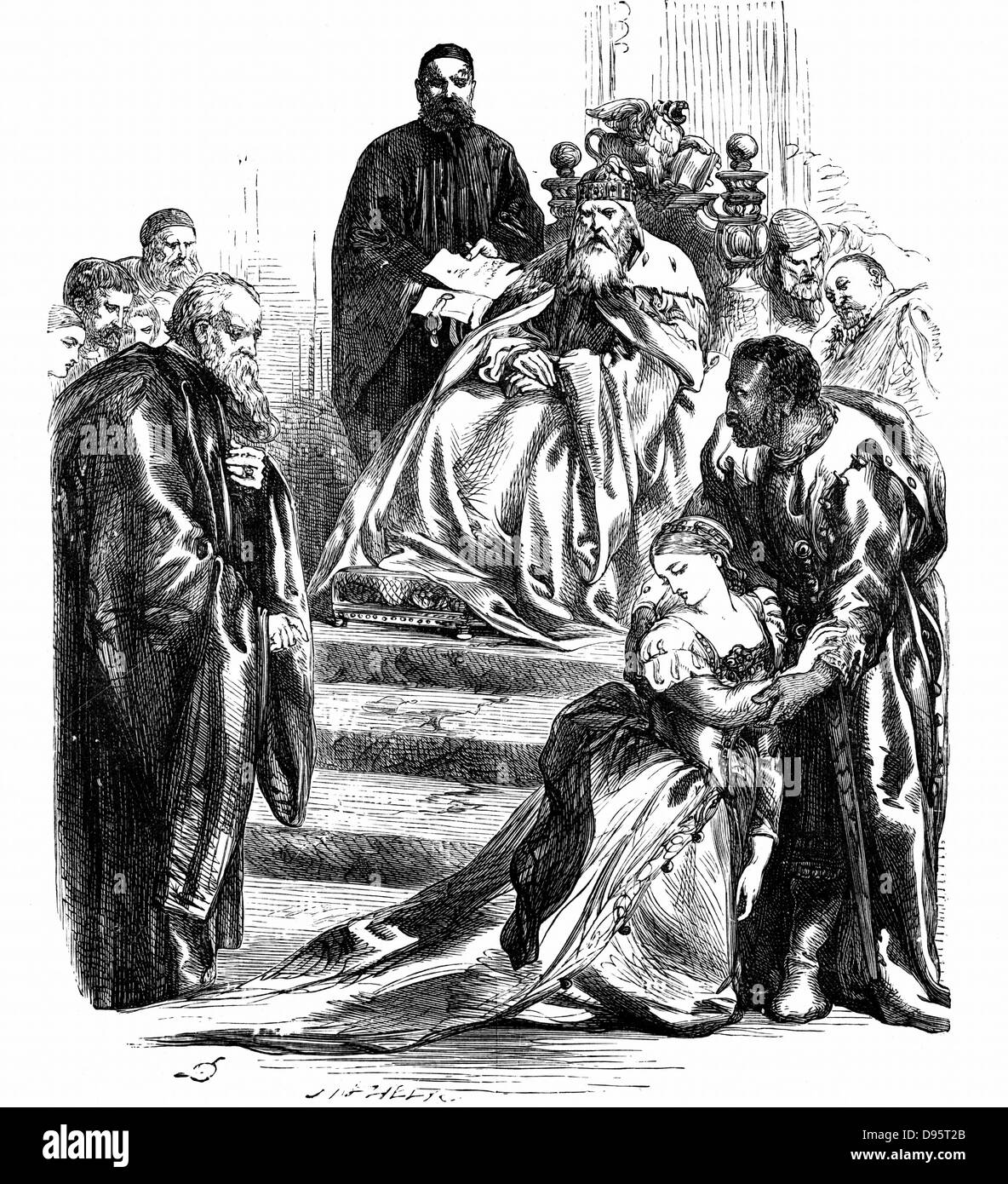 Shakespeares "Othello" Act 1: Brabantio verpflichtet sich, Ehe seiner Tochter Desdemona in Othello. 19. Jahrhundert-Gravur. Stockfoto