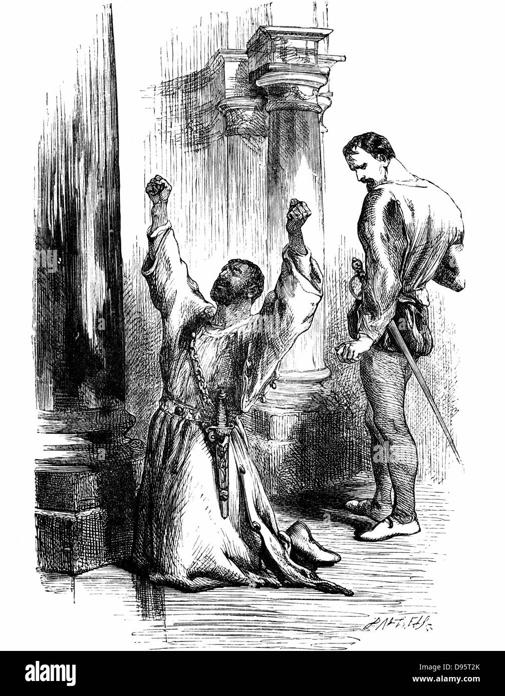 Shakespeares "Othello" Akt 3 Sc.3: Jago führt Othello zu glauben, dass Desdemona untreu ist. 19. Jahrhundert-Gravur. Stockfoto
