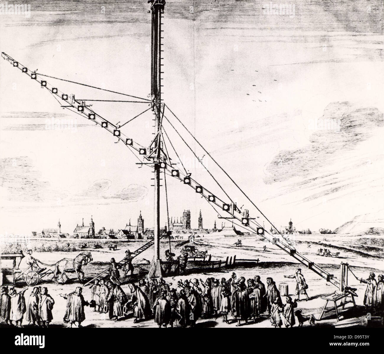 Hevelius's 150-ft (16.240 m) Teleskop bei Danzig errichtet werden. Von elenographia" von Johannes Hevelius (Gedani, Danzig, Danzig, 1647). Gravur. Stockfoto