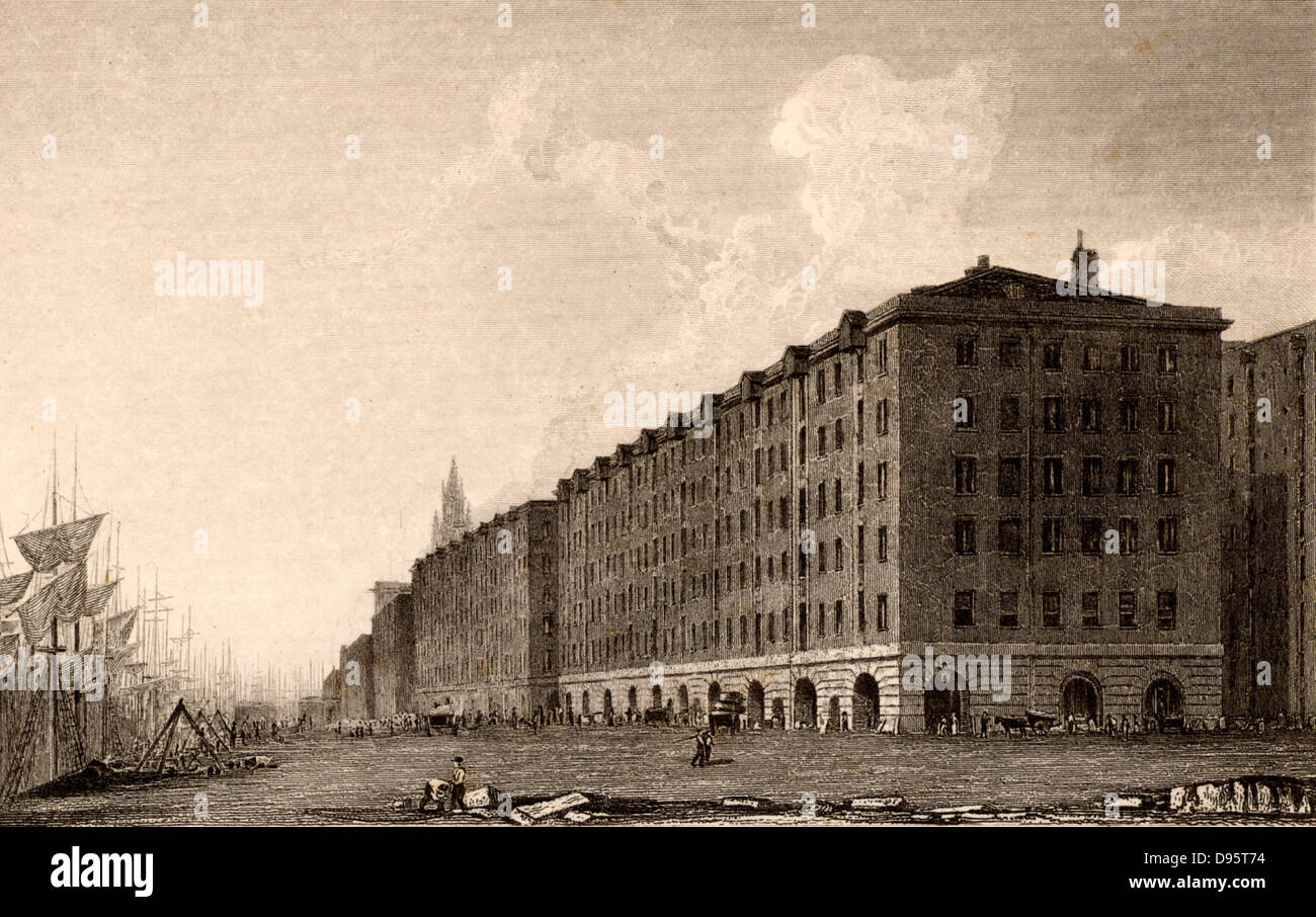 Liverpool Docks, England. Goree Gebäude, George's Dock, Liverpool, Fußgängerzone Arcade mit fünf Stufen der Lagerhaltung vor. Die Gebäude, die hier gezeigt werden, sind diejenigen, die nach dem Brand von 1802 errichtet. Abbildung von William Westall (1781-1850) für 'Großbritannien' Illustriert von Thomas Moule (London, 1830). Stockfoto