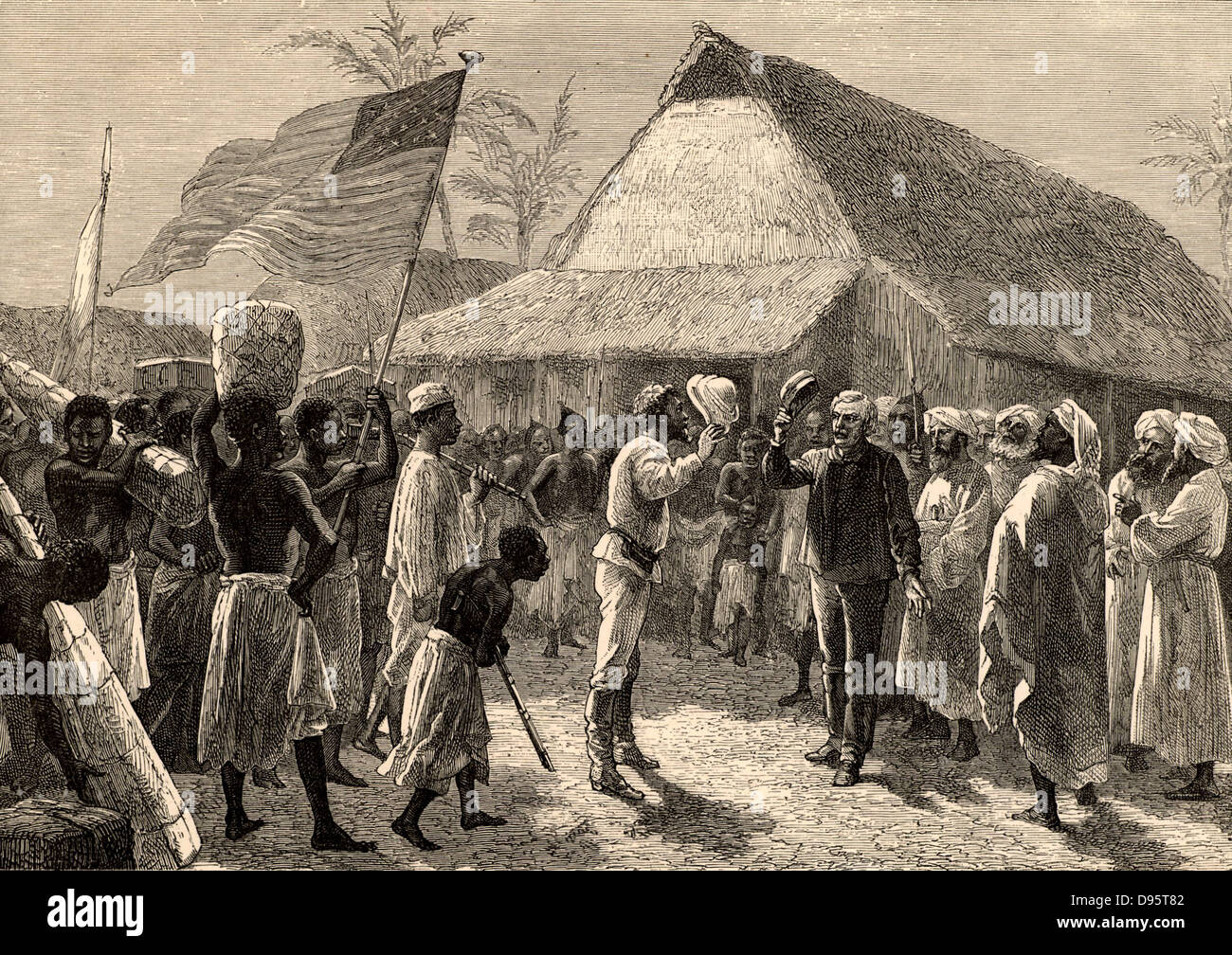 Dr. Livingstone, nehme ich an?" Henry Morton Stanley (1841-1904), ungarisch-amerikanischer Journalist und Entdecker treffen Dr. David Livingstone (1813-1873) Schottischer Missionar und Entdecker von Afrika in Ujiji, Tanganjika, Ostafrika, 10. November 1871. Gravur von "Helden von Großbritannien" von Edwin Hodder (London, c 1880). Stockfoto