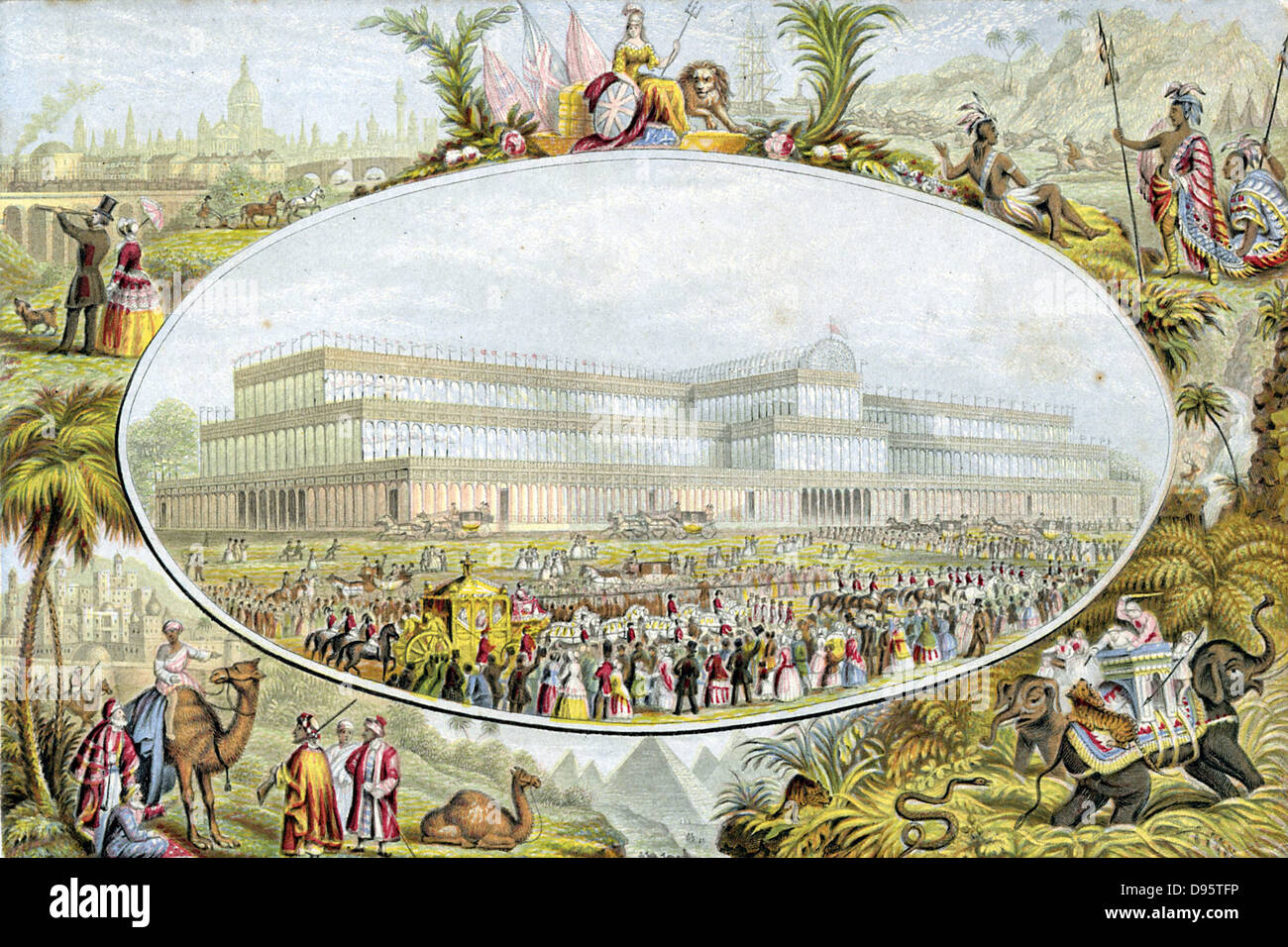 Crystal Palace, London, entworfen von Joseph Paxton: Queen Victoria anreisen, große Ausstellung zu öffnen, 1. Mai 1851. Embleme des Britischen Empire, die Ecken. Le Blond drucken Stockfoto