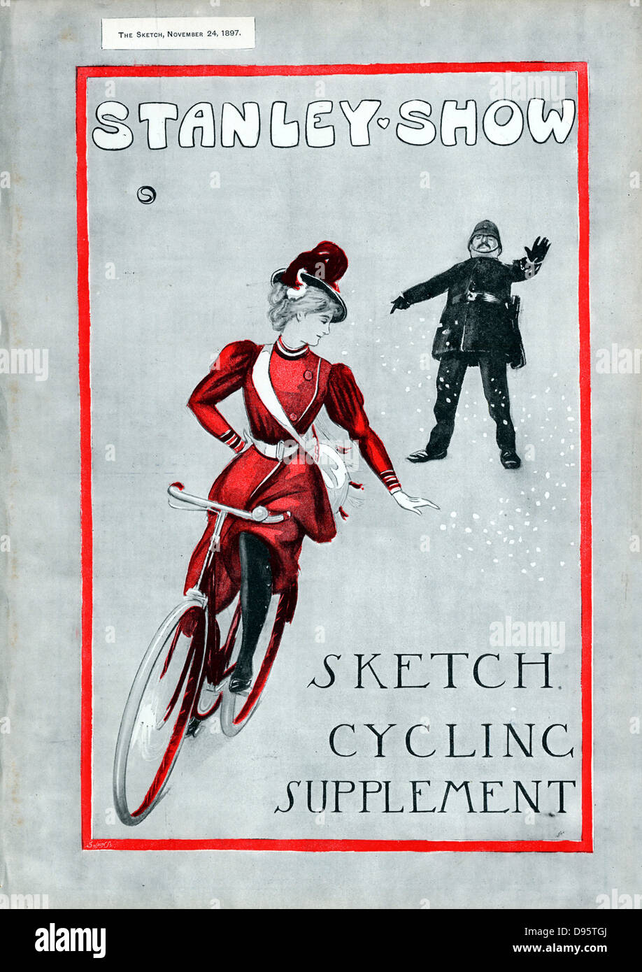 Radfahren: Dame in 'Rational' Radfahren Kleid. Cover von 'Die Skizze Radfahren Ergänzung" in London am 14. November 1897 feiern 21 Jahre der Stanley Cycling Club. Stockfoto