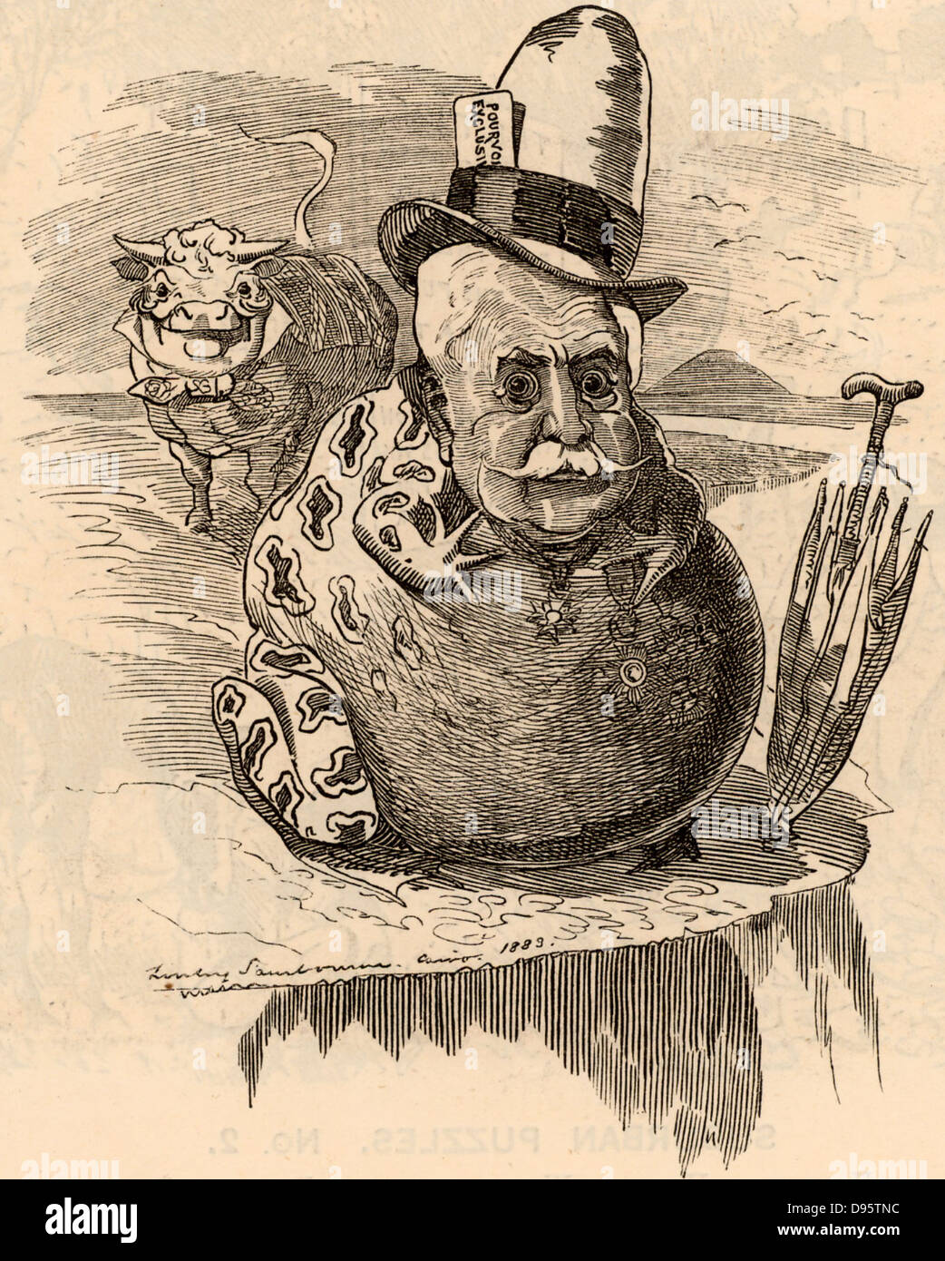Ferdinand De Lesseps (1805-1894), französischer Diplomat und Canal Promoter. Der Suez Kanal Projekt, das 1860 begonnen wurde erfolgreich im Jahr 1869 abgeschlossen. Sein Projekt für ein Panama Canal, 1881 begonnen, wurde im Jahr 1888 aufgegeben. Cartoon von Edward Linley Sambourne in der Punch Fancy Porträts aus der Serie 'Lochen' (London, 11. August 1883). Stockfoto