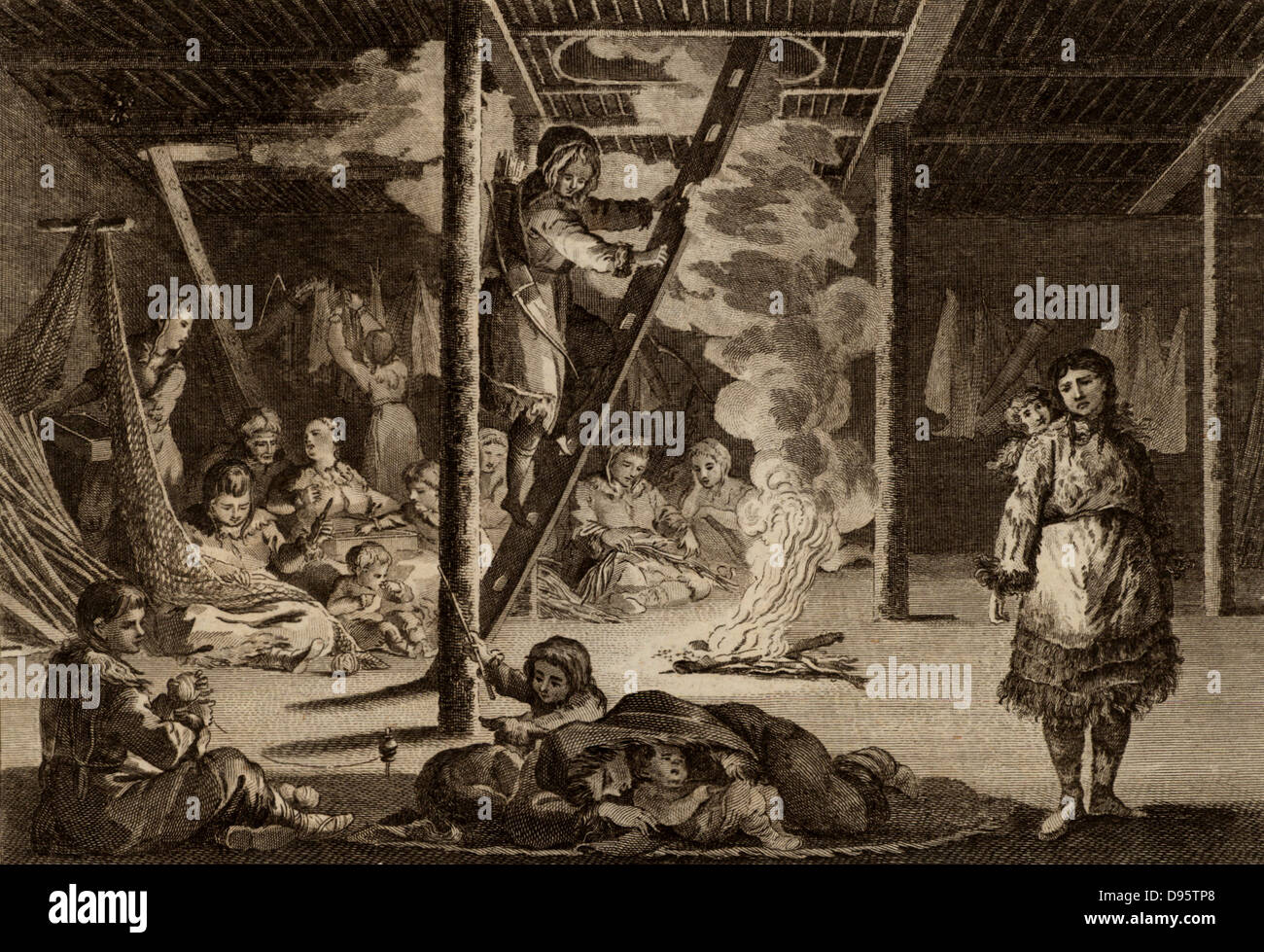 Winter Wohnung der Bauern von Kamtschatka. Gravur von "Neues System der Geographie" von Thomas Bankes (London, c 1785). Bewohner der Halbinsel Kamtschatka, Russischen Fernen Osten, in ihre Winterquartiere gesammelt. Das Loch in der Decke über dem Feuer dient auch als Eingang und ist mit einer holzleiter ausgestattet. Auf der linken Seite, Netze werden Arktis gemacht. Stockfoto
