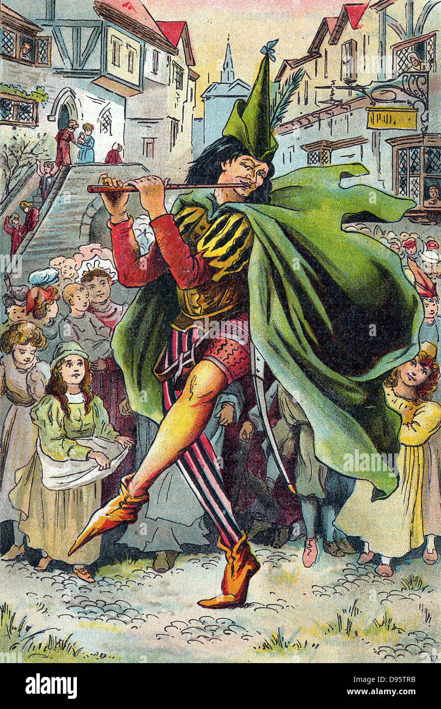 Pied Piper Weg führt Kinder von Deutschen Stadt Hameln. Abbildung aus dem Buch der Kinder für c 1899. Am besten in der englischsprachigen Welt von Robert Brownings Gedicht bekannt, die Legende ist, dass im Jahre 1284 der Stadt geplagt mit Ratten. Piper nicht bezahlt für die Befreiung der Stadt von Ungeziefer, also zurück und dieses Mal, wenn er seine Pfeife spielte alle Kinder kamen heraus und er führte sie weg. Nur zwei geblieben, ein Blinder und ein Lahmer. Oleograph Stockfoto