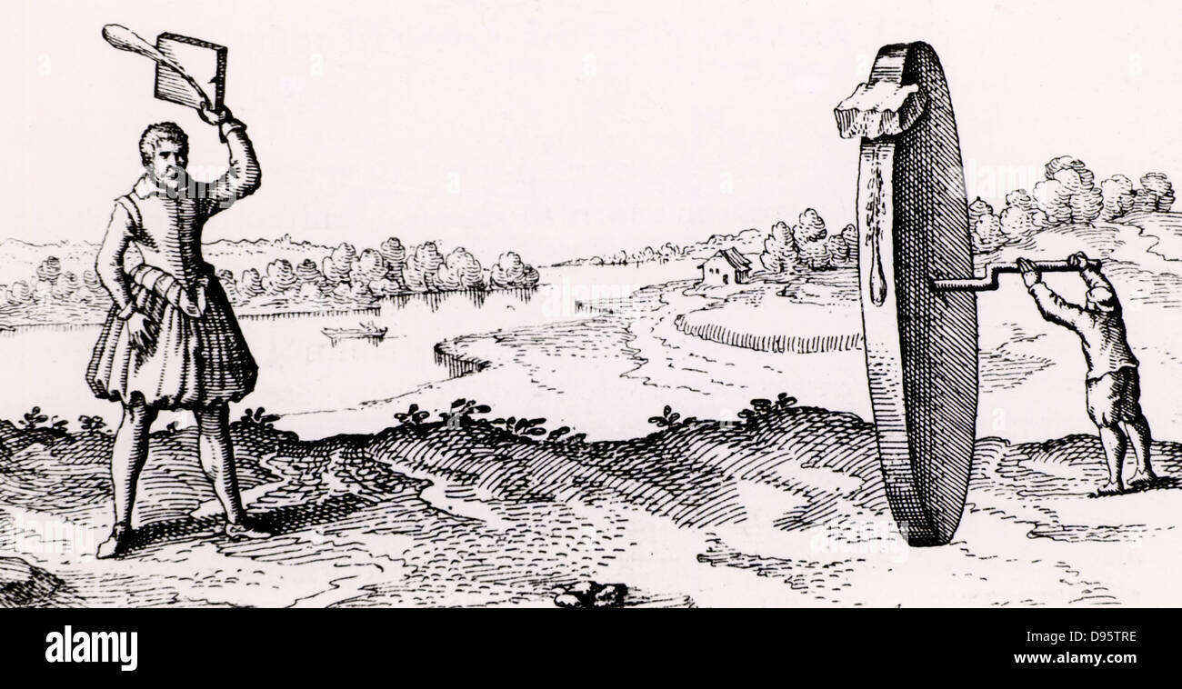 Planetenbewegung. Demonstration, einem erdigen Substanz und Wasser in einem gekrümmten Pfad wird zusammen reisen (links). Sie werden noch zusammen reisen, wenn Umlauf durch das Universum durchgeführt. Dies war eines der Argumente, mit denen der italienische Astronom und Mathematiker Galileo (1564-1642), um zu beweisen, dass der Mond ist eine Einrichtung ähnlich der Erde. Gravur von "Utriusque cosmi … historia" von Robert Fludd (Oppenheim 1617-1619). Stockfoto