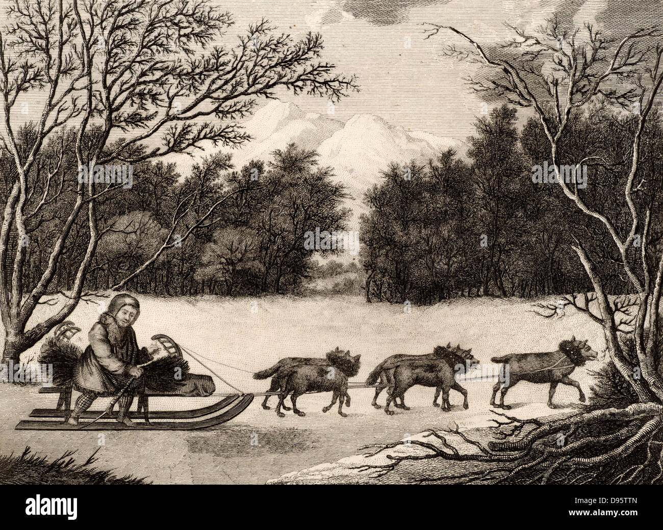 Ein Mann von Kamtschatka Reisen im Winter". Der Mann aus dem Volk ot die Kamtschatka Halbinsel, Russischen Fernen Osten, in Felle gekleidet und reist durch einen bewaldeten Winterlandschaft in einem Schlitten durch ein Team von Hunden gezogen. Gravur von 'Captain Cook's Original Weltreisen' (Woodbridge, Suffolk, c 1815). Stockfoto