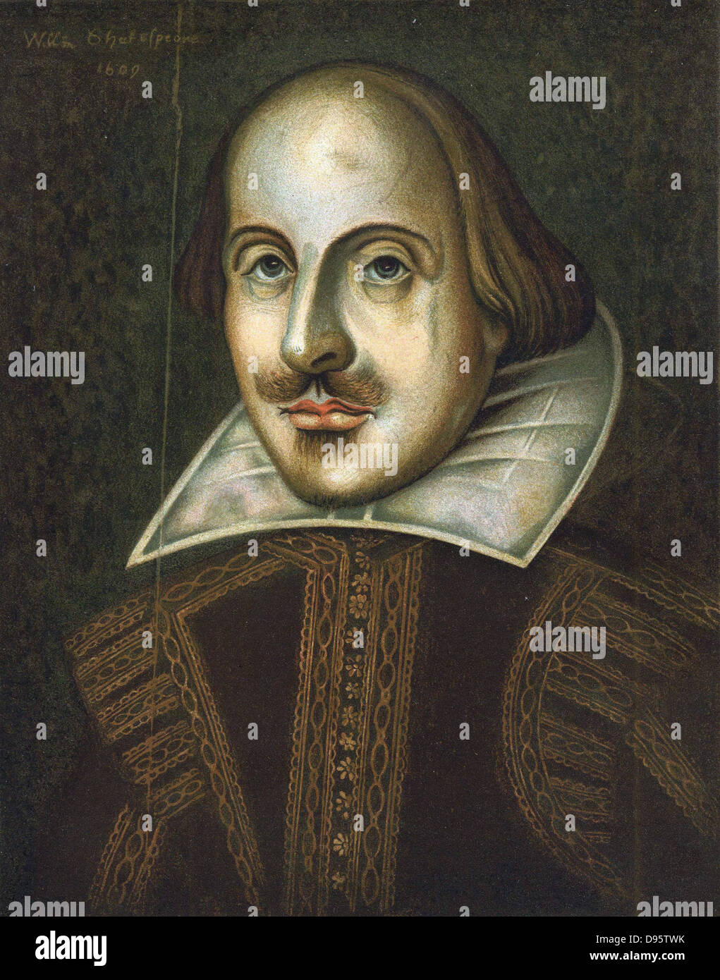 William Shakespeare (1564-1616), englischer Dramatiker. Anonym Porträt in Öl vom 1609. Dies ist das Portrait gestochen von Droeshout zum ersten Folio von 1623 Stockfoto