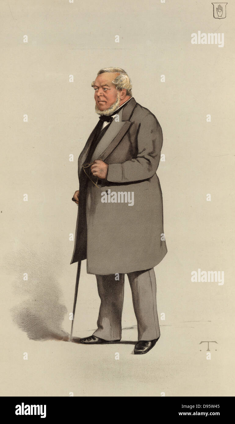 Eine herausragende Builder". Charles James Freake (1814-1884) Bemerkenswerte London Builder, Entwickler und Philanthrop. Die meisten von Smith's Charity Immobilien zwischen 1845 und 1884 entwickelt. Auf eigene Kosten baute er die Nationale Schule für Musik 1874-1875 (jetzt der Königlichen Hochschule der Organisten) in der Nähe der Royal Albert Hall, Kensington, London. Baron im Jahr 1882 erstellt. Karikatur von 'T' (Theobald Chartran 1849-1907) von 'Vanity Fair' (London, 31. Mai 1883). Chromolithograph. Stockfoto