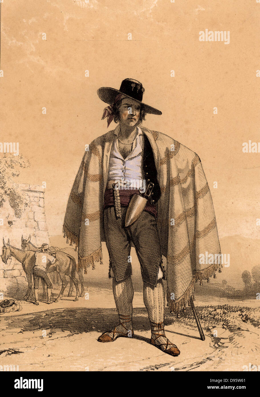 Spanische Zigeuner muleteer in den Pyrenäen tragen einen breitrandigen Hut  und eine Decke mit Schlingen über seine Schultern. Züge der Maultiere waren  ein übliches Mittel der Transport von Lasten, besonders in bergigen