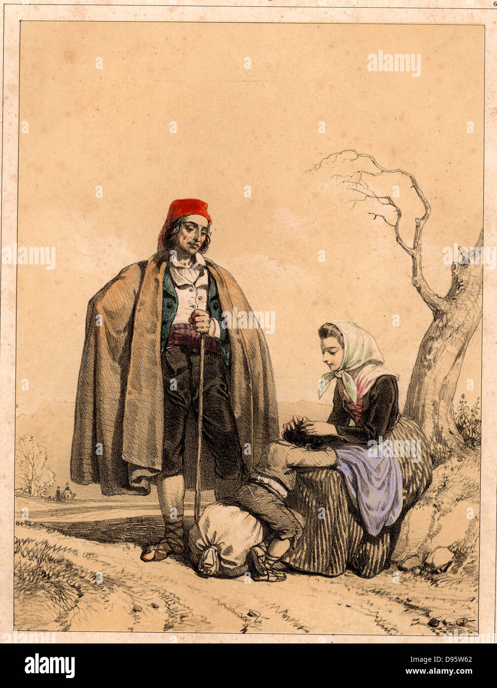 Epidemic Typhus oder Gefängnis Fieber, verursacht durch den Organismus Rickettsien prowazeki, wird durch die Läuse verbreiten. Hier eine Bäuerin in den spanischen Pyrenäen entfernt Läuse, den Vektor für die Krankheit, von den Kopf Ihres Kindes, die Familie ist eine Pause auf Ihrer Reise. Getönte Lithographie von 'Nouvelles Suite de Kostüme des Pyrenees" (Paris, c 1840). Stockfoto