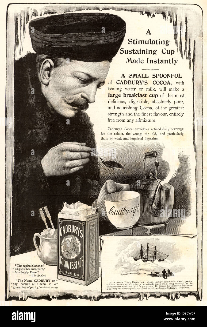 Fridtjof Nansen (1861-1930) der norwegischen Arktis Explorer eine Tasse von Cadbury Cocoa während seiner Expedition auf der "Fram" 1893-1895. Cadbury versorgt rund 1.500 Pfund (680.389 kg) auf die Expedition. Werbung von "lllustrated London News" (London, 30 Decemebr 1893). Stockfoto