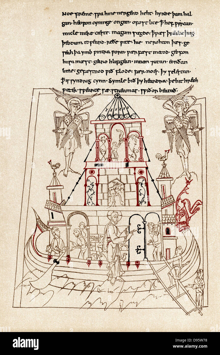 Die Arche Noah in Form einer Wikingerschiff mit Dragon Bug. Von zwei Engeln, der Auserwählte Gottes bereit sind, die Flut zu Überleben geschickt den Rest der Schöpfung zu bestrafen. 10. jahrhundert Manuskript von St Caedmon (FL670) Dichter und Mönch von Whitby Yorkshire. Stockfoto