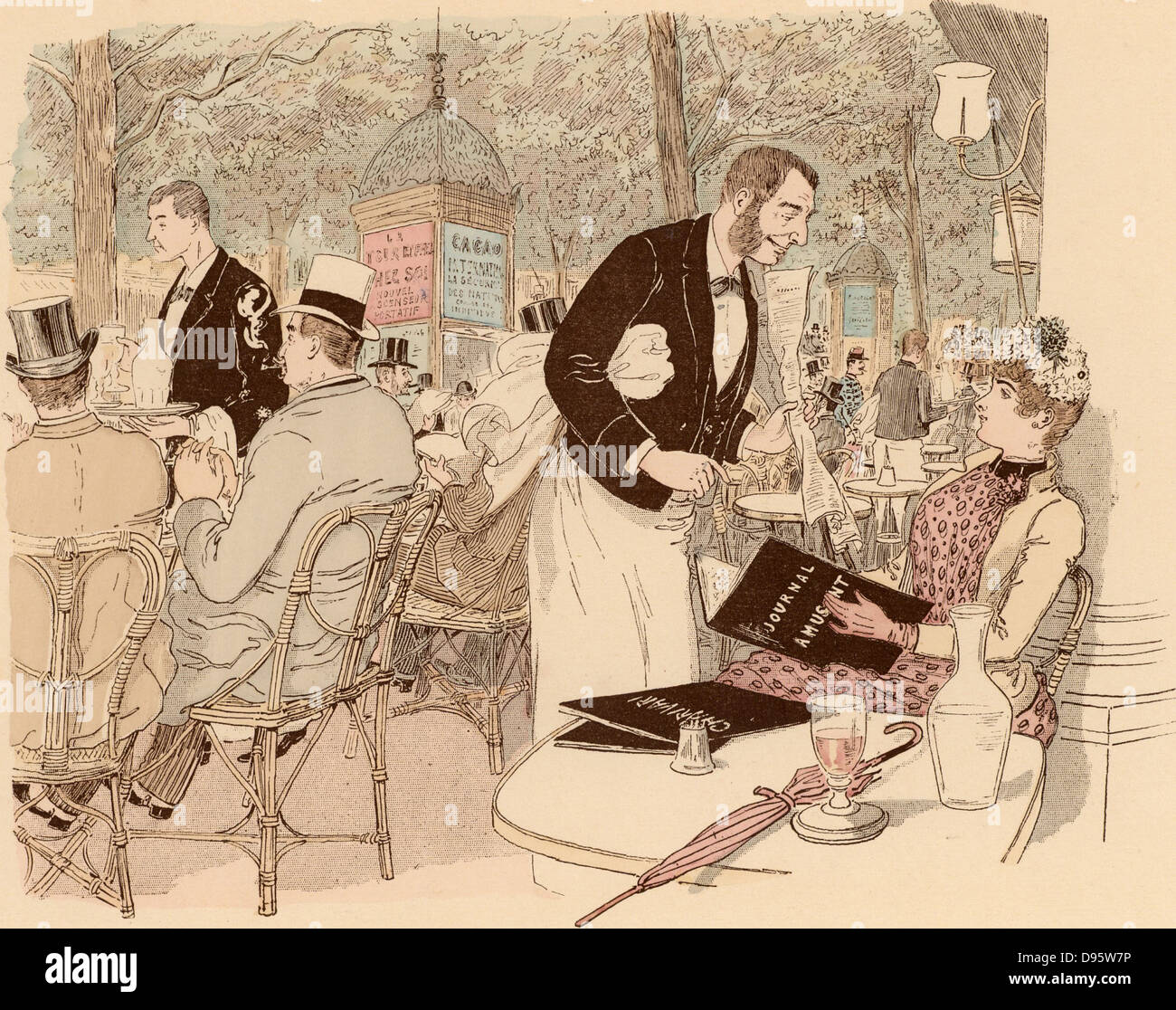 Die Erholung auf der Terrasse von einem Pariser Café. Paris, Frankreich. Von "Paris Brillant' von 'Mars' (Maurice Bonvoisin - 1849-1912) (Paris, c 1890). Lithographie. Stockfoto