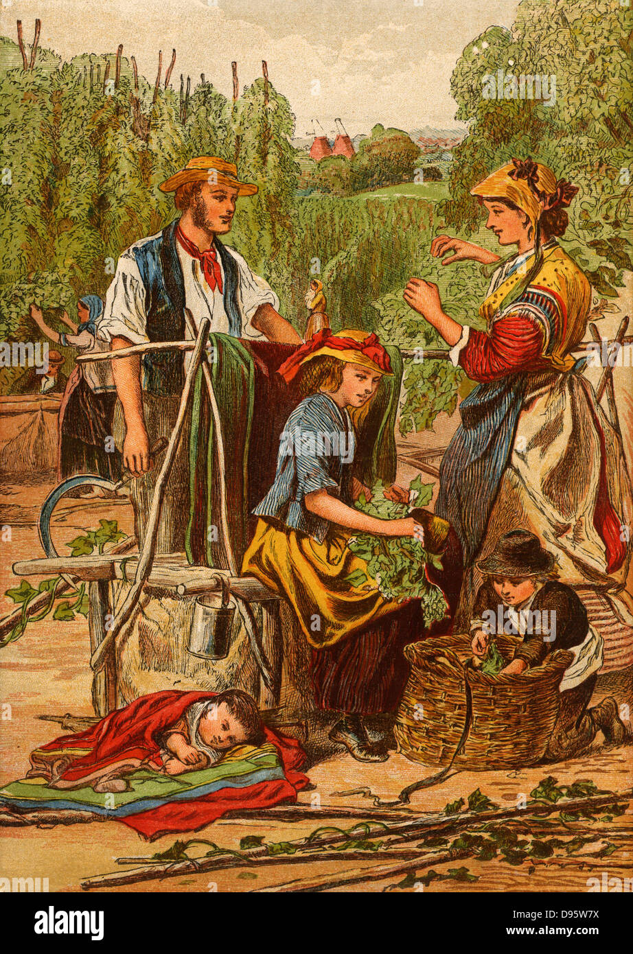 Sammeln von Hopfen. Familien aus den Armenvierteln von London, England, reisen Sie mit dem Zug an den Kentish hopfields einen Urlaub zu verbringen. In vielen Fällen die Arbeitgeber hutted Unterkunft für die Familien. Chromolithograph c 1870. Stockfoto