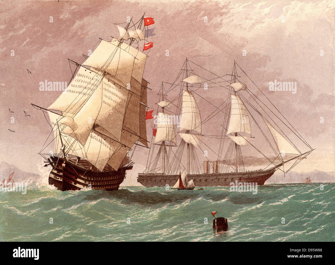 Holz und Eisen. Der Dampf schiff HMS 'Warrior' das erste Eiserne Kriegsschiff der Britischen Marine, das 1861 gestartet wurde, und einer der alten hölzernen Segelschiffe. Chromolithograph aus 'Freizeit' (London, 1864). Stockfoto