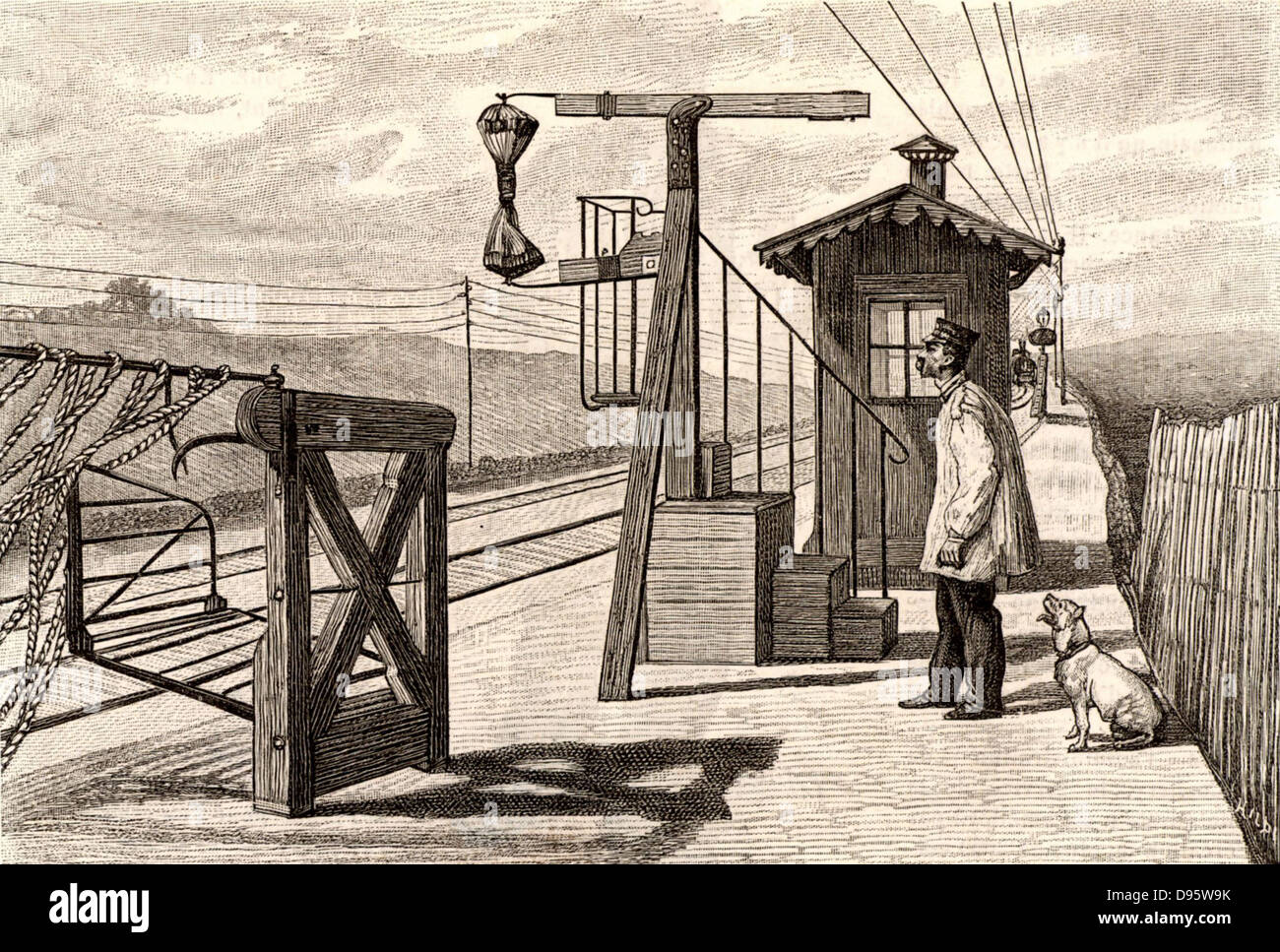 Französischen Post. Mail der Zug nähert sich einem Bahnhof Plattform mit Vorrichtung für den Fang von Säcken der Mail aus dem fahrenden Zug. Gravur von "Le Journal de La Jeunesse" (Paris, 1886). Stockfoto