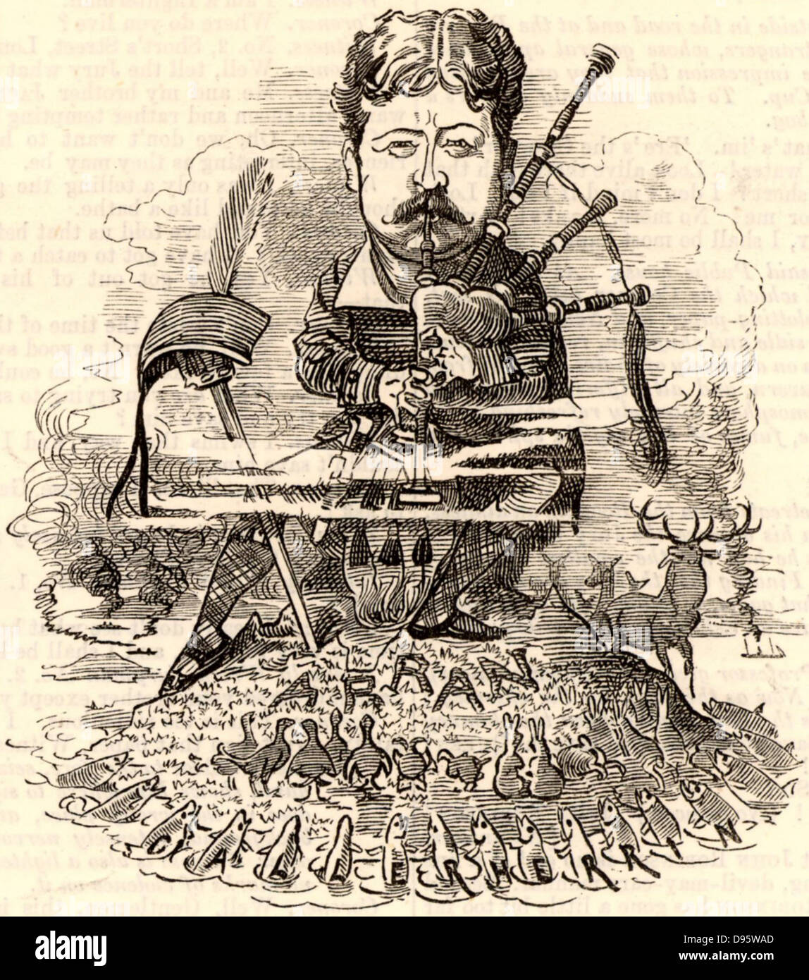 William Poetry, 12 Herzog von Hamilton (1845-1895), schottischer Aristokrat, der den Titel 1863 erfolgreich. Hamilton spielen der Dudelsack. Cartoon von Edward Linley Sambourne in der Punch Fancy Porträts aus der Serie 'Lochen' (London, 15. Oktober 1881). Stockfoto