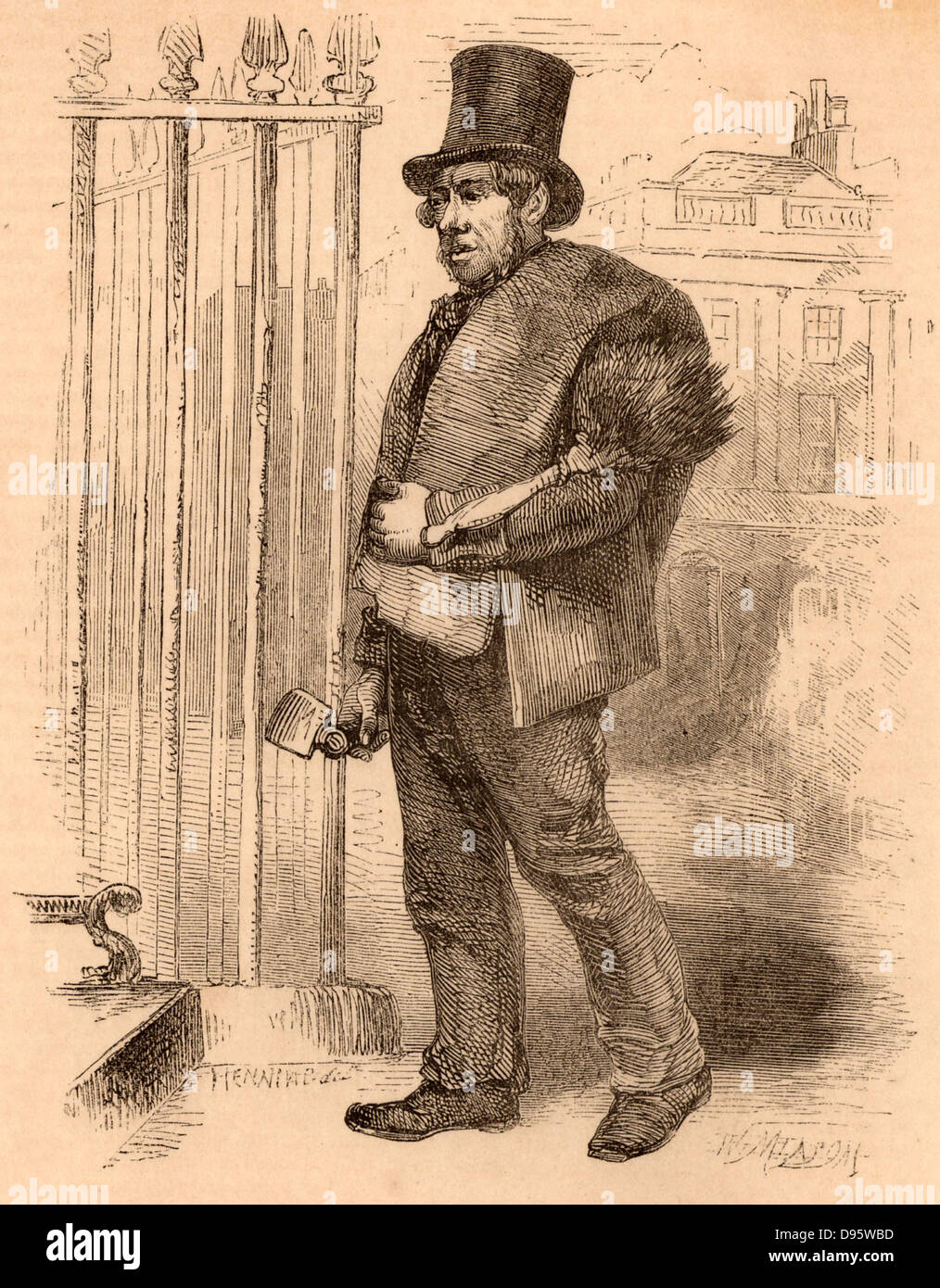 Einer der letzten klettern Schornsteinfeger mit einer Hacke für kratzen die Innenseite der Schornsteine, einer Bürste lose Ruß zu fegen, und Säcke für einsacken, russ. Fegt nicht nur schlecht von Wunden gelitten, sie waren auch anfällig für Krebs der Hodensack. Gravur von "London Labour und der Londoner Armen" von Henry Mayhew (London, 1861). Stockfoto