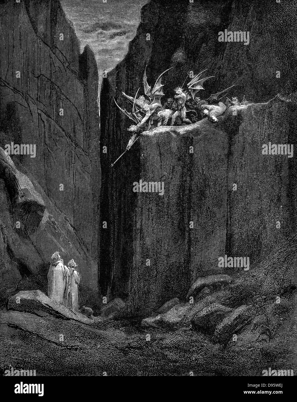 Dante von Virgil vor Schaden geschützt, die von Dämonen. Dante Alighieris "Inferno", erster Teil seiner 'Divina Commedia" (Die Göttliche Komödie) Canto XXXIII. Von der Ausgabe 1863 von Gustave Dore dargestellt. Holzstich Stockfoto