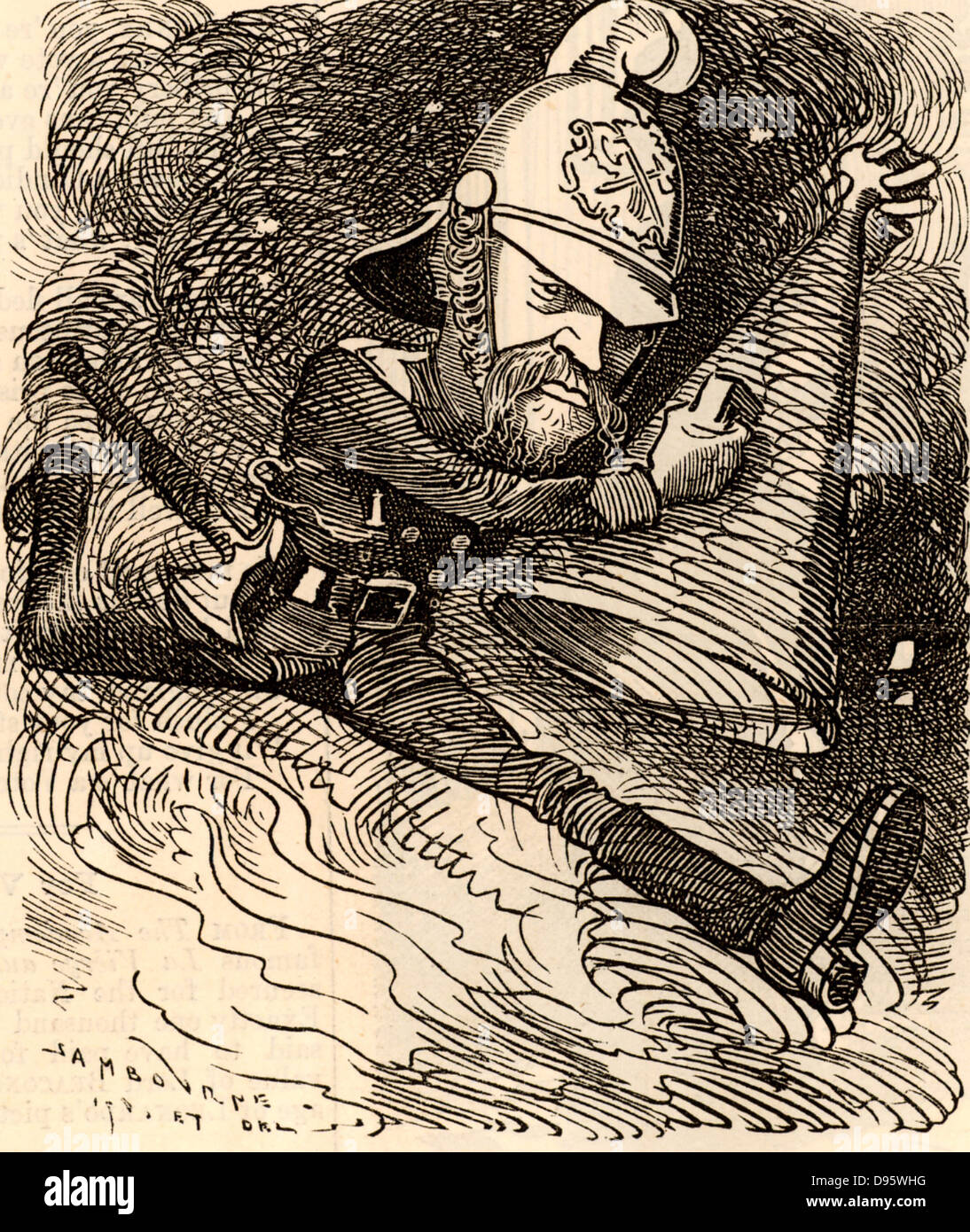 Eyre Massey Shaw (1830-1908) Irischer Soldat, der in der britischen Armee diente. Allgemein als 'Captain Shaw', er war Gründer und Superintendant der Metropolitan (jetzt London) Feuerwehr 1861-1891 bekannt. In Gilbert und Sullivan's Light Opera' Iolanthe' die Fee fragt sich, ob Kapitän Shaw's "Brigade mit kaltem cascade' konnte ihre Liebe zu stillen. Cartoon von Edward Linley Sambourne in der Punch Fancy Porträts aus der Serie 'Lochen' (London, 22. Januar 1881). Stockfoto