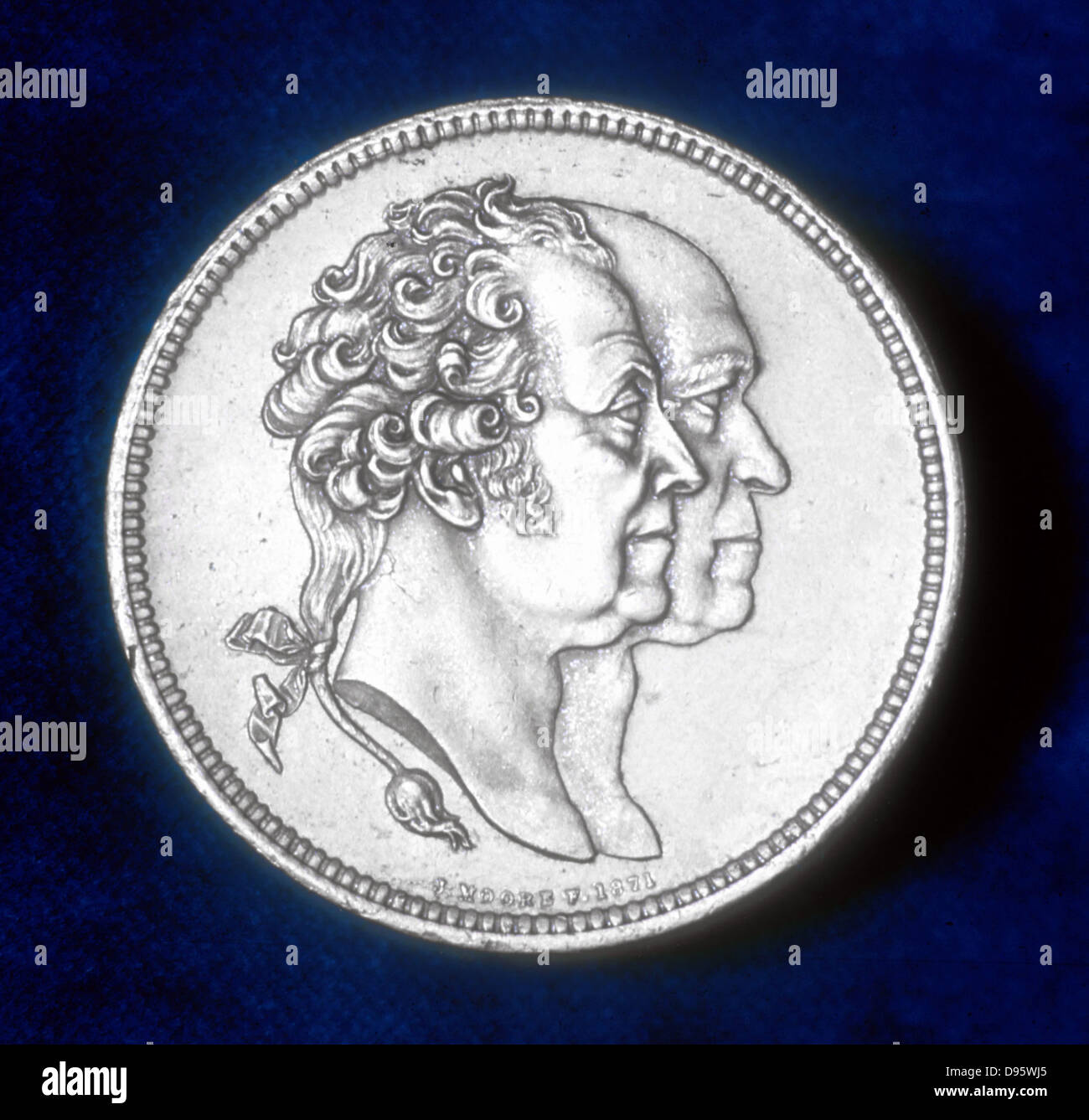 Matthew Boulton, front, (1728-1809), englischer Ingenieur und Industrieller, und James Watt (1736-1818) Schottischer Ingenieur und Erfinder, von einer Medaille ihre Partnerschaft feiern. Stockfoto