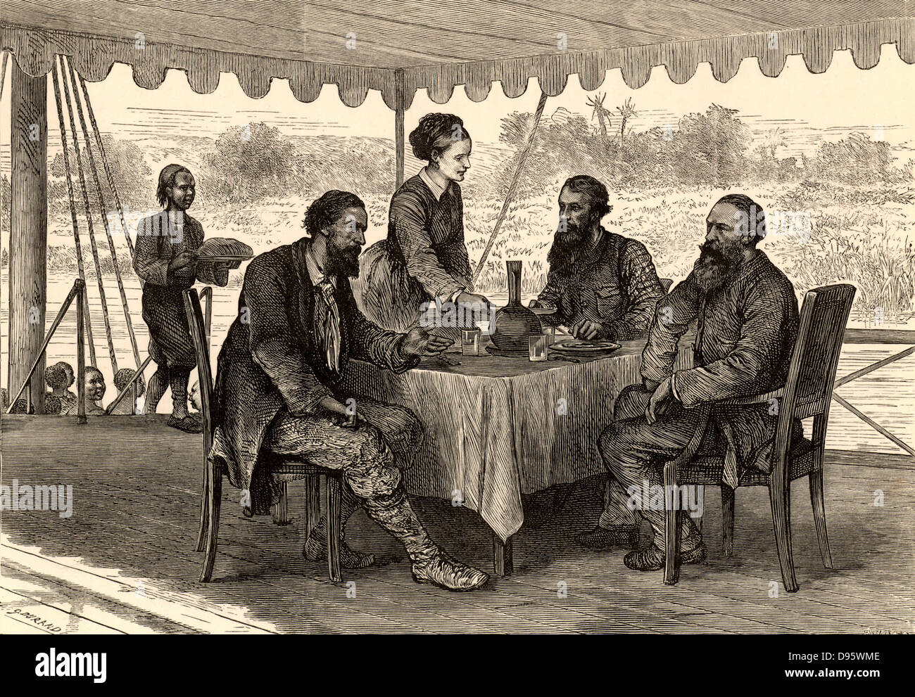 Englische Forscher John Hanning Speke (1827-1864) und James Augustus Grant (1827-1892) in Gondokoro, Südsudan, am Ende ihrer Expedition, wo Sie von Samuel erfüllt waren (1821-1893) und Florenz (1841-1916) Baker. Auf Ihrer Expedition 1860-1863 Speke und Grant zugeordneten Teile des Lake Victoria Nyanza, Afrika und Speke am Auslass des Sees in den Weißen Nil, die er als Ripon fällt. Von "Helden von Großbritannien im Krieg und Frieden" von Edwin Hodder (London, c 1880), Stockfoto Englische Forscher John Hanning Speke (1827-1864) und James Augustus Grant (1827-1892) in Gondokoro, Südsudan, am Ende ihrer Expedition, wo Sie von Samuel erfüllt waren (1821-1893) und Florenz (1841-1916) Baker. Auf Ihrer Expedition 1860-1863 Speke und Grant zugeordneten Teile des Lake Victoria Nyanza, Afrika und Speke am Auslass des Sees in den Weißen Nil, die er als Ripon fällt. Von "Helden von Großbritannien im Krieg und Frieden" von Edwin Hodder (London, c 1880), Stockfoto