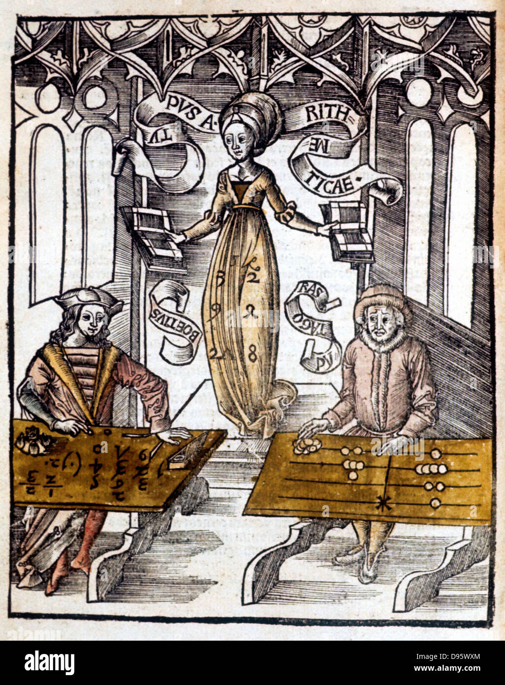 Pythagoras (6. Jahrhundert v. Chr.), rechts, mit zählen Tabelle, konkurriert gegen Boethius (Boece) mit Algorithmen für die Geschwindigkeit bei der Berechnung. Hinter ihnen schwebt die Abbildung der Arithmetik von 'Margarita Philosophica" Basel, 1508. Hand - farbige Holzschnitt. Stockfoto
