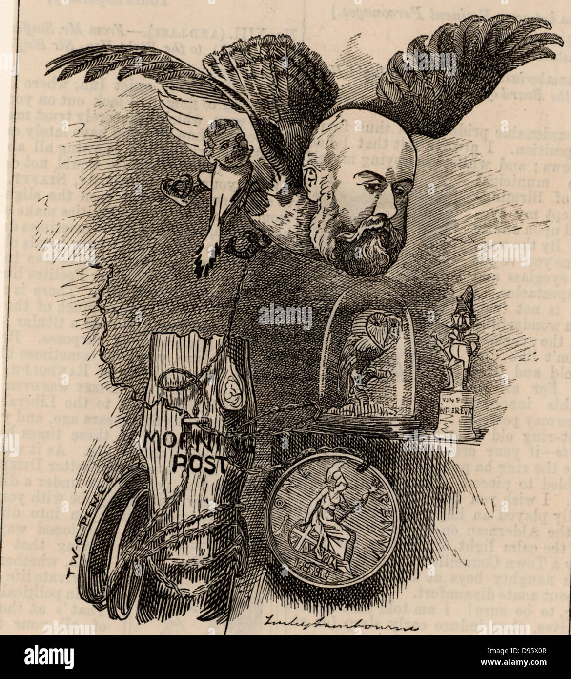 Algernon Borthwick, lst Baron Glenesk (1830-1908) Britischer Journalist und Inhaber der Zeitung der 'Morning Post". Konservative Abgeordnete für South Kensington, London, (1885). Cartoon von Edward Linley Sambourne in der Punch Fancy Porträts aus der Serie 'Lochen' (London, 7. Januar 1882). Stockfoto