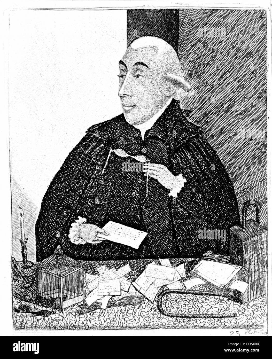 Schottischer Chemiker Joseph Black (1728-99). Theorie der "latente Wärme". Schwarz, Vortragstätigkeit in Glasgow im Jahr 1787. Radierung von John Kay Stockfoto